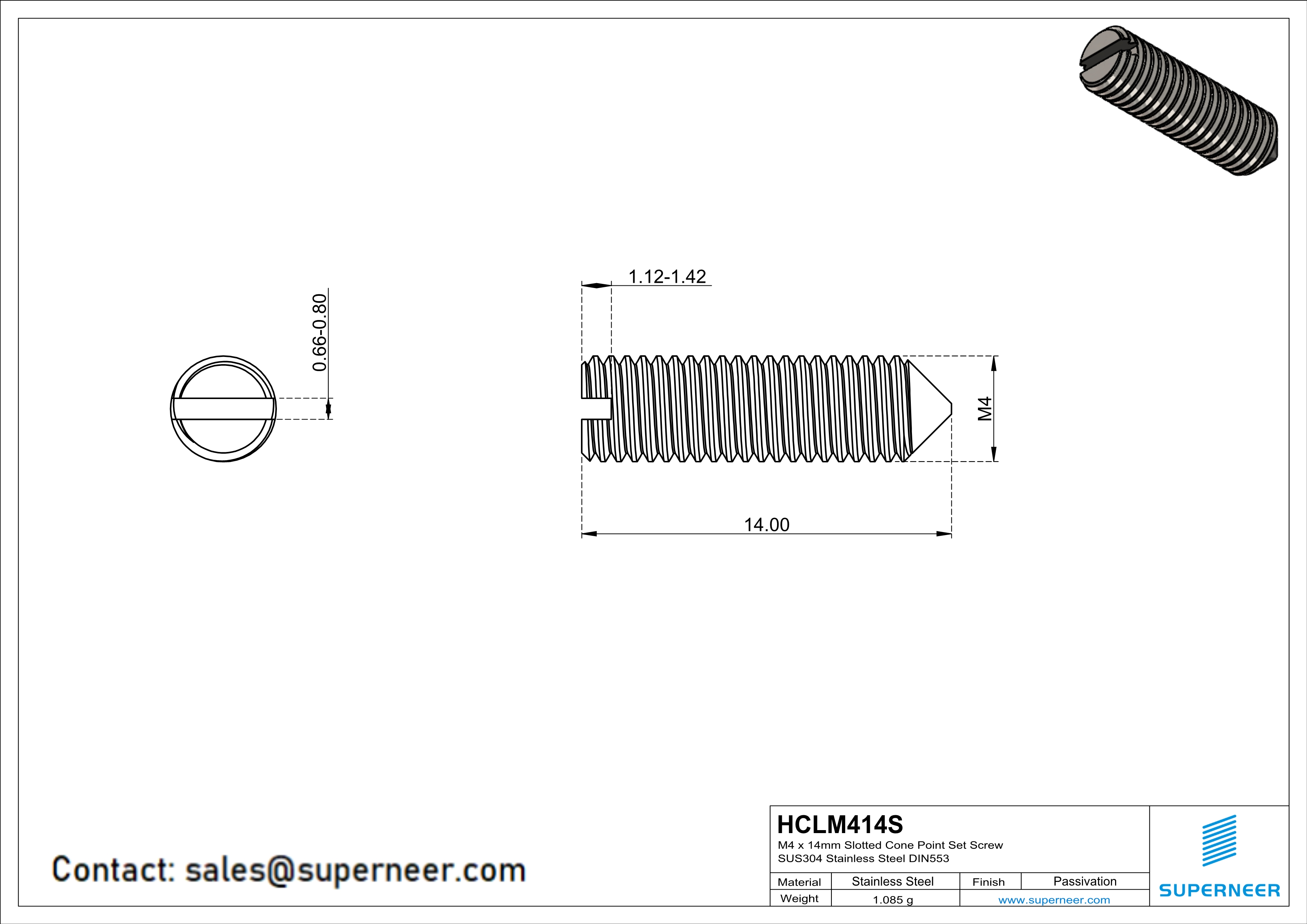 M4 x 14mm Slotted Cone Point Set Screw SUS304 Stainless Steel Inox DIN553