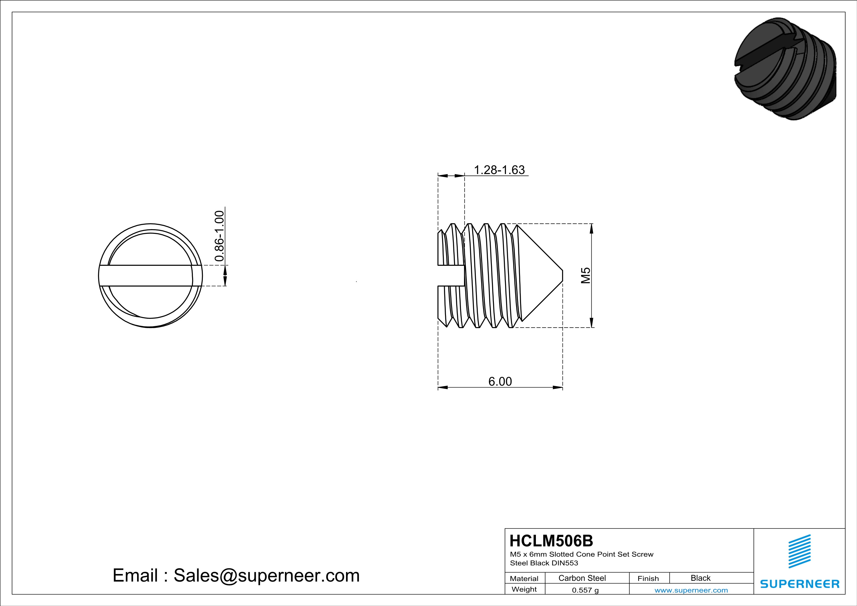 M5 x 6mm Slotted Cone Point Set Screw Steel Black DIN553