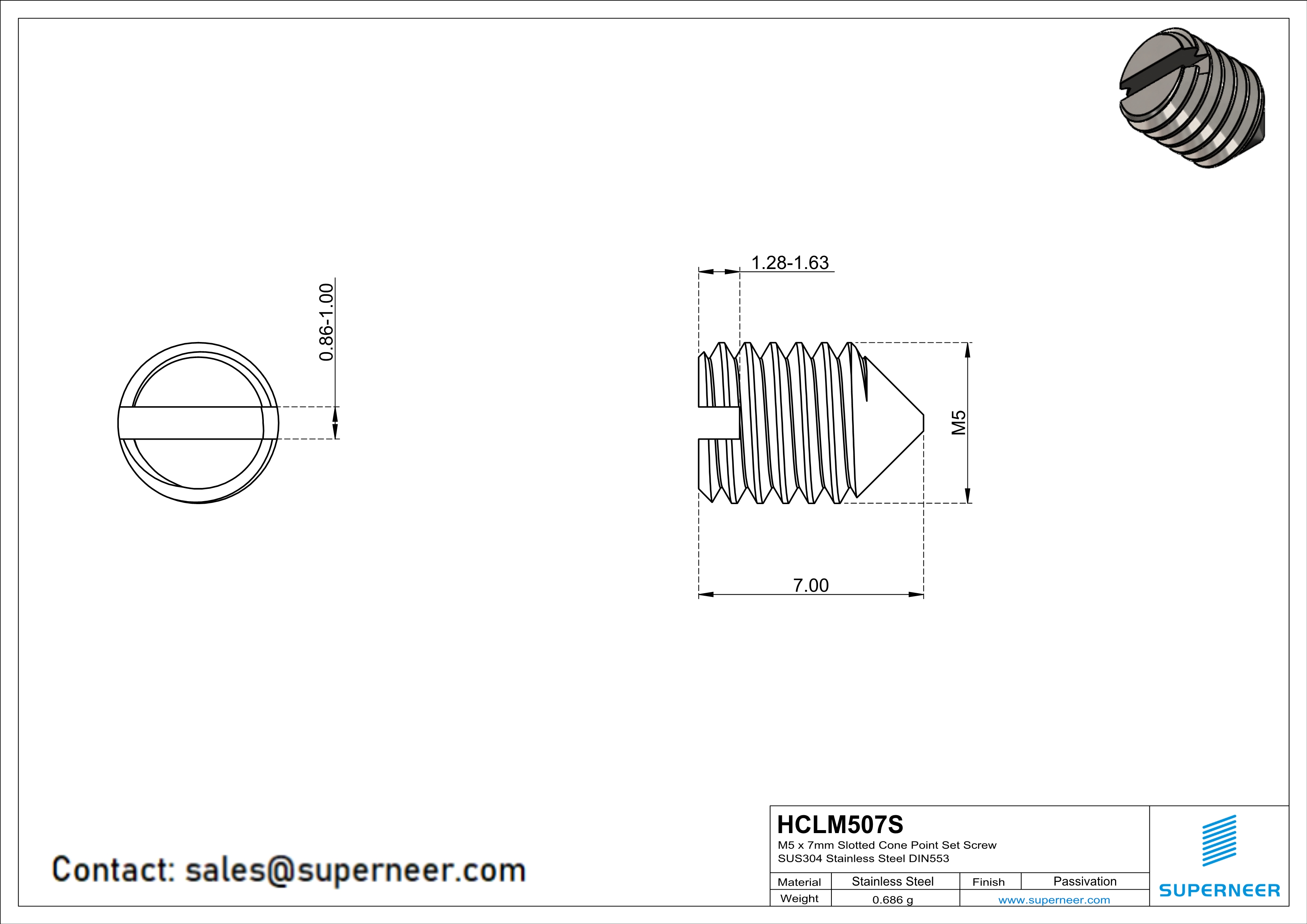 M5 x 7mm Slotted Cone Point Set Screw SUS304 Stainless Steel Inox DIN553