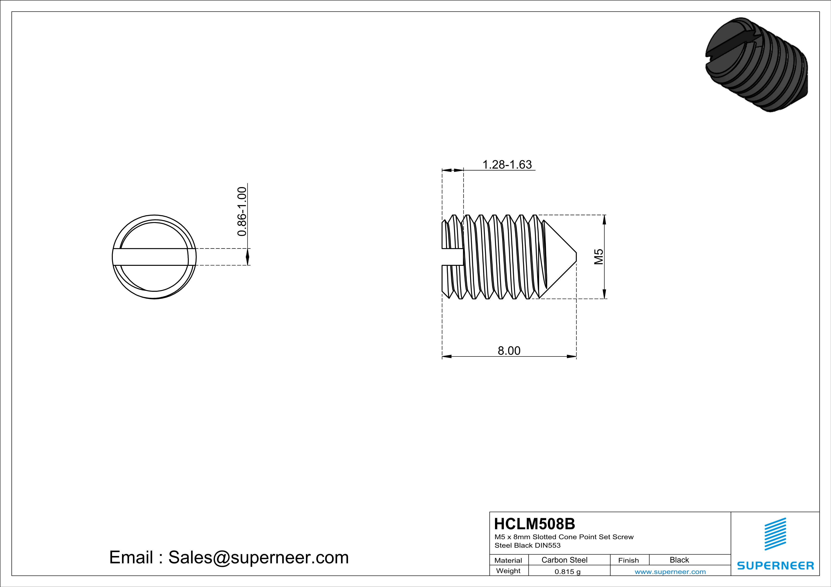 M5 x 8mm Slotted Cone Point Set Screw Steel Black DIN553