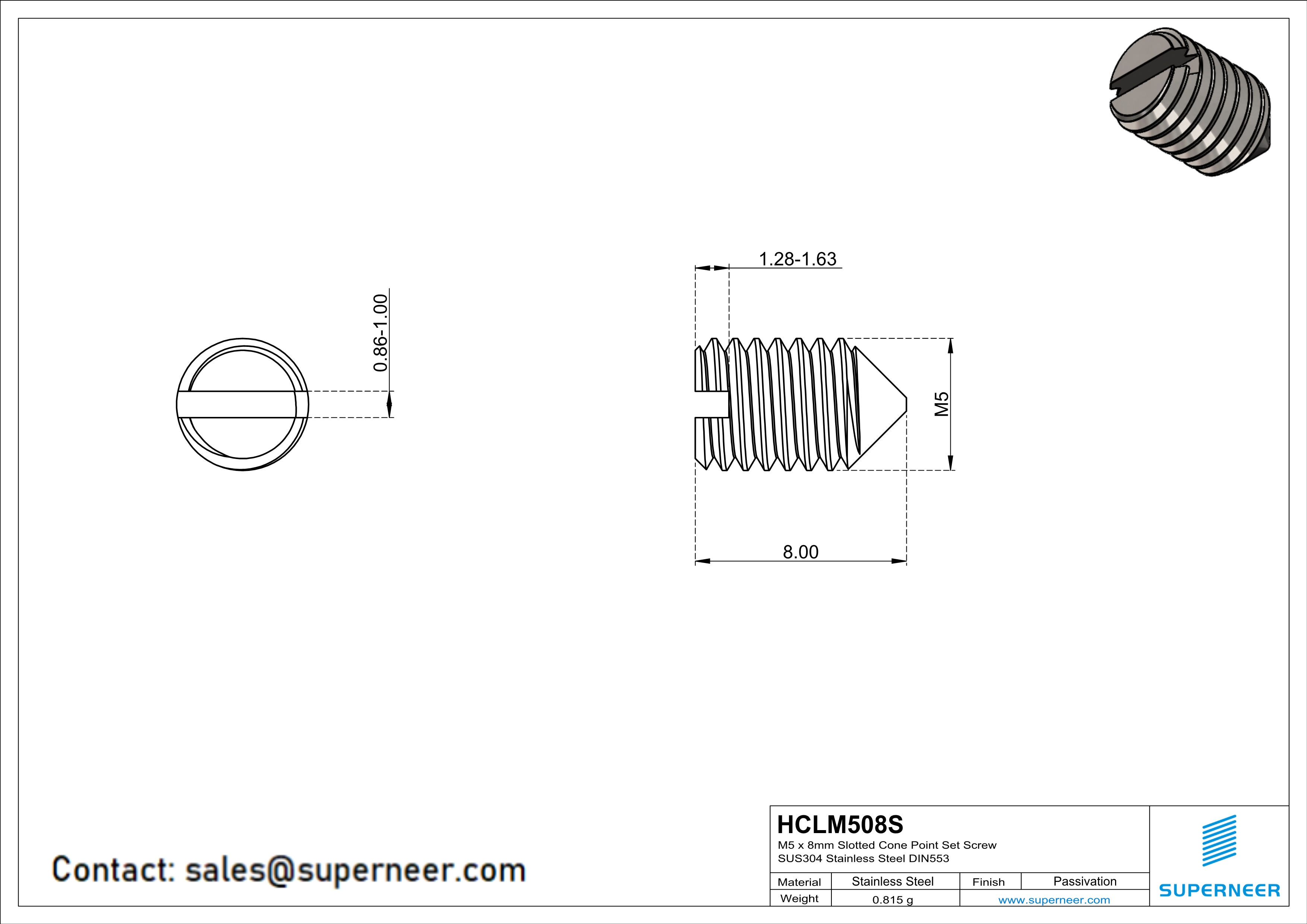 M5 x 8mm Slotted Cone Point Set Screw SUS304 Stainless Steel Inox DIN553