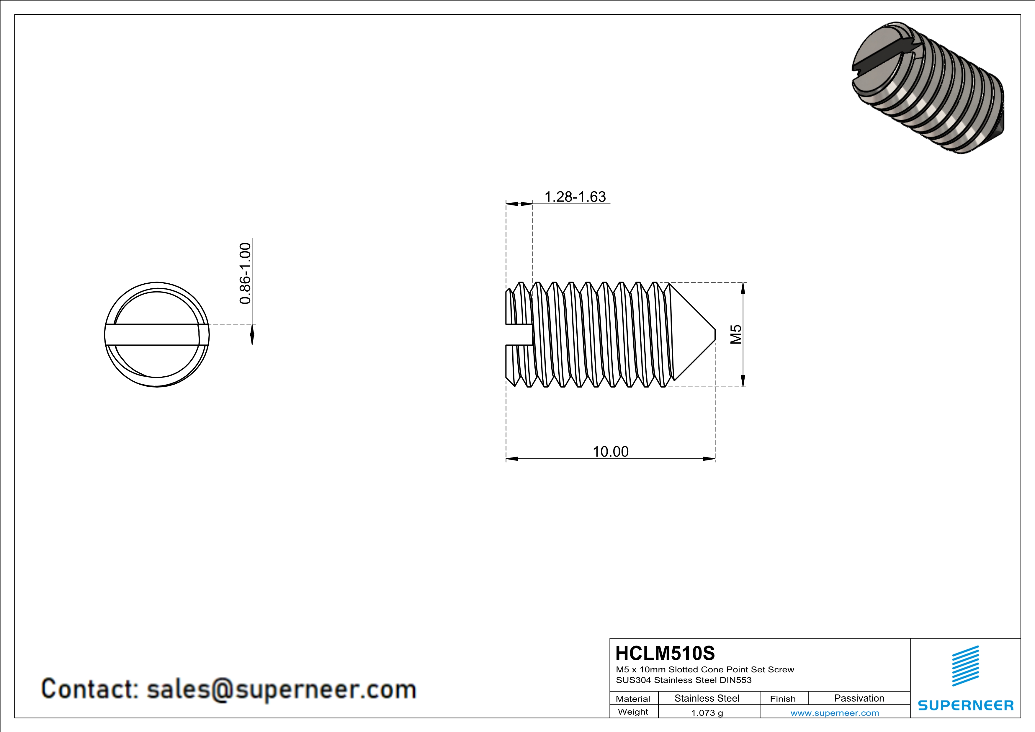 M5 x 10mm Slotted Cone Point Set Screw SUS304 Stainless Steel Inox DIN553