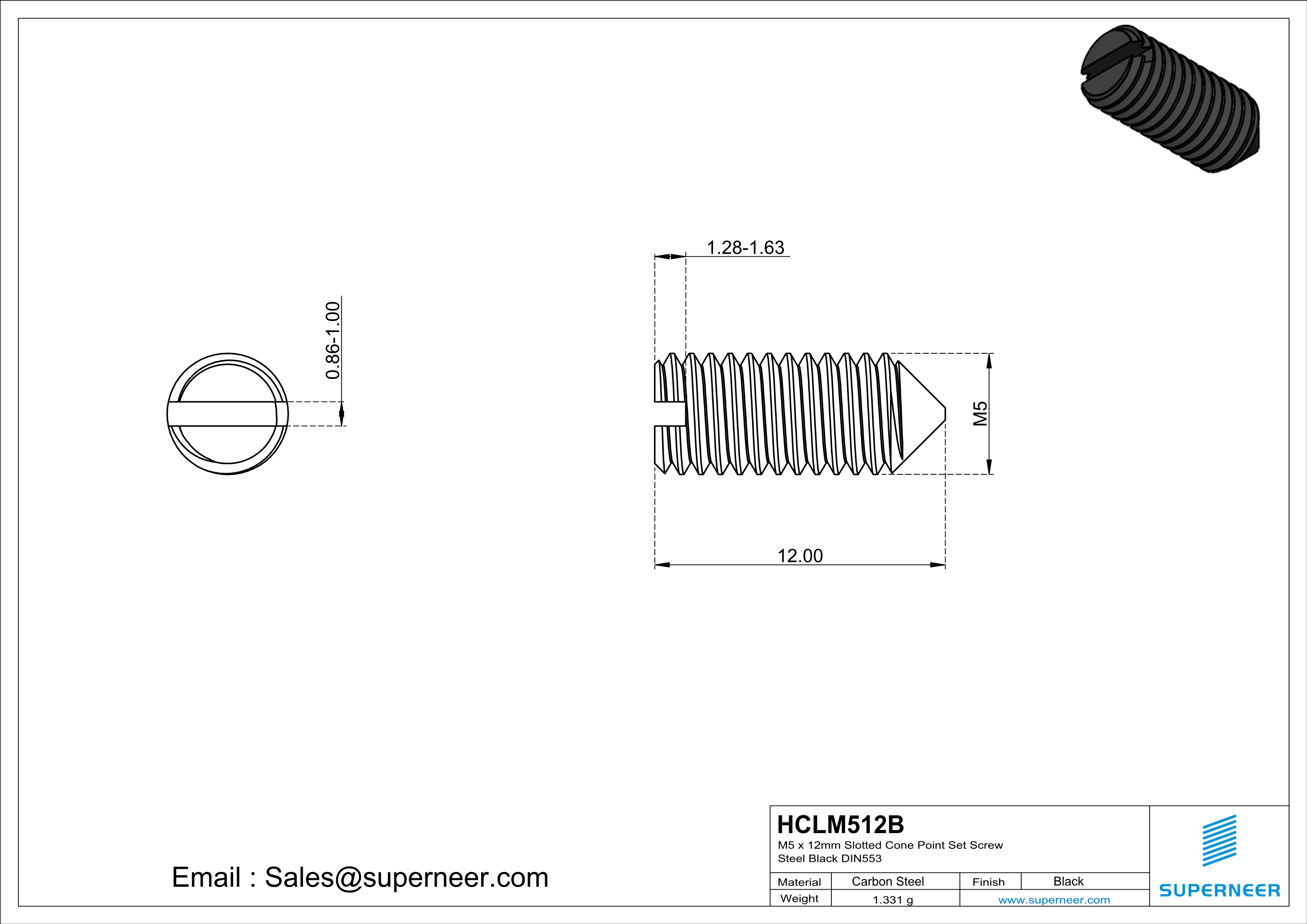 M5 x 12mm Slotted Cone Point Set Screw Steel Black DIN553