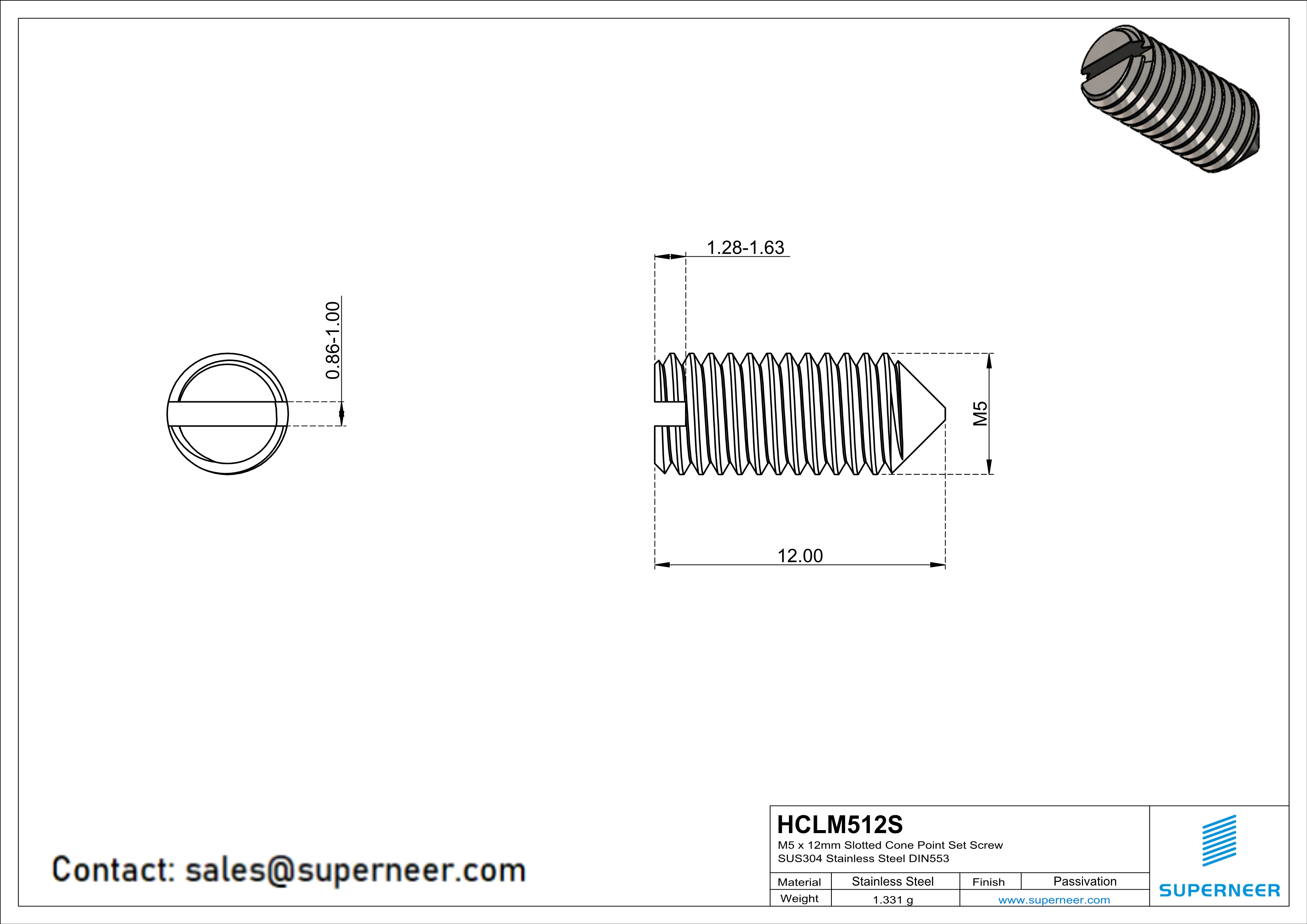 M5 x 12mm Slotted Cone Point Set Screw SUS304 Stainless Steel Inox DIN553