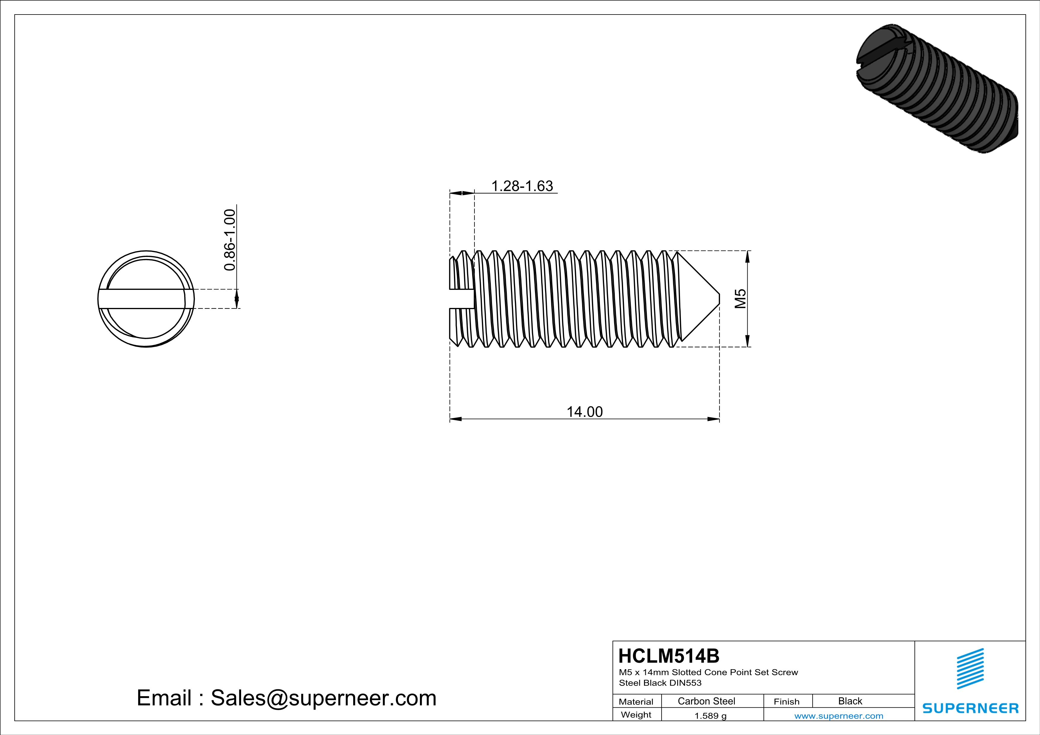 M5 x 14mm Slotted Cone Point Set Screw Steel Black DIN553