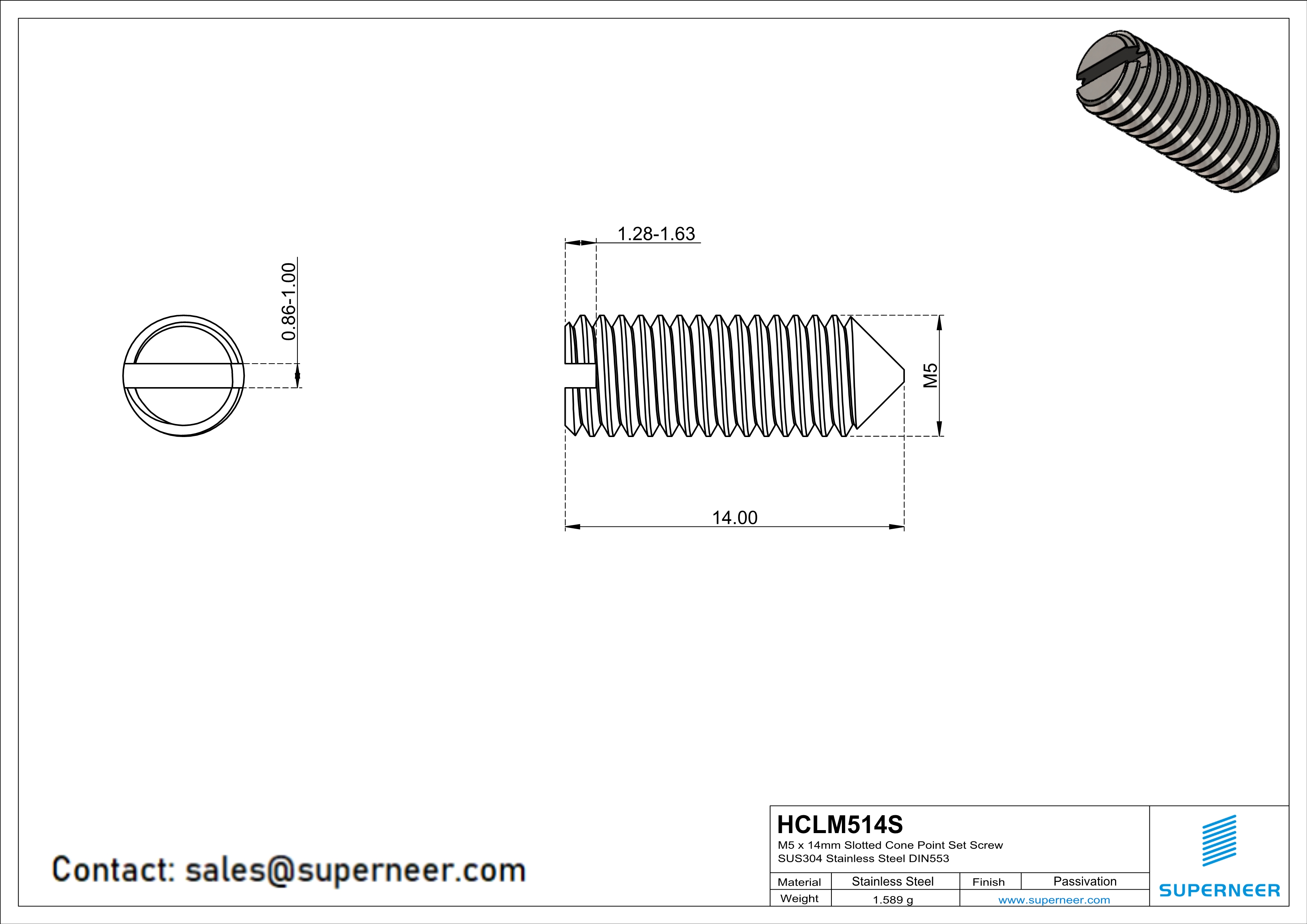 M5 x 14mm Slotted Cone Point Set Screw SUS304 Stainless Steel Inox DIN553