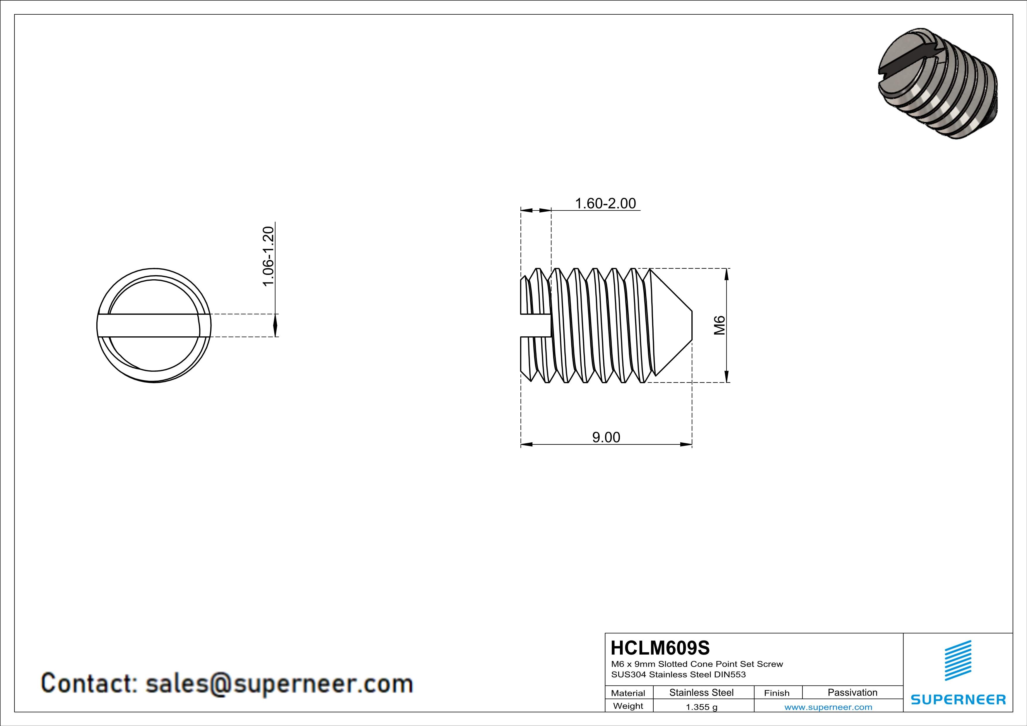 M6 x 9mm Slotted Cone Point Set Screw SUS304 Stainless Steel Inox DIN553