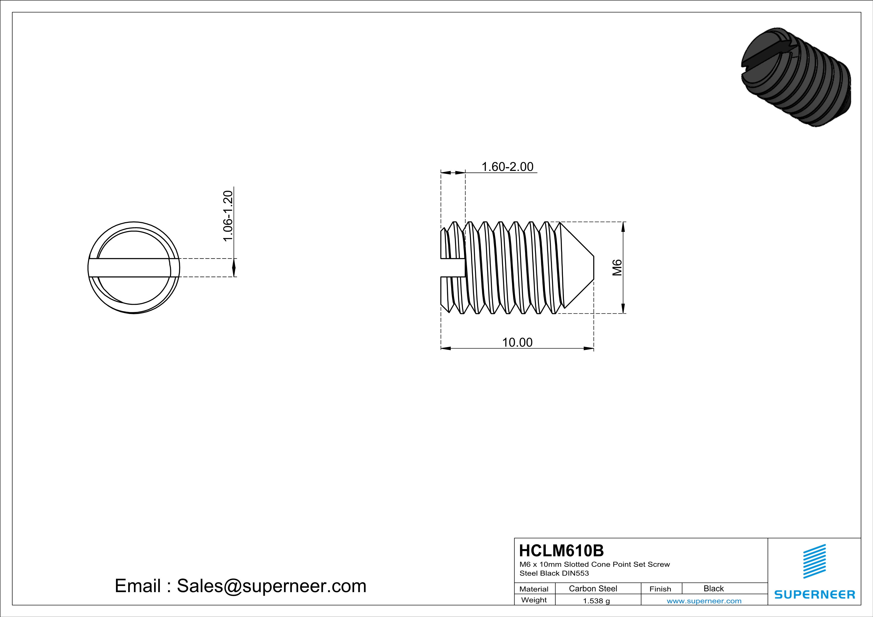 M6 x 10mm Slotted Cone Point Set Screw Steel Black DIN553