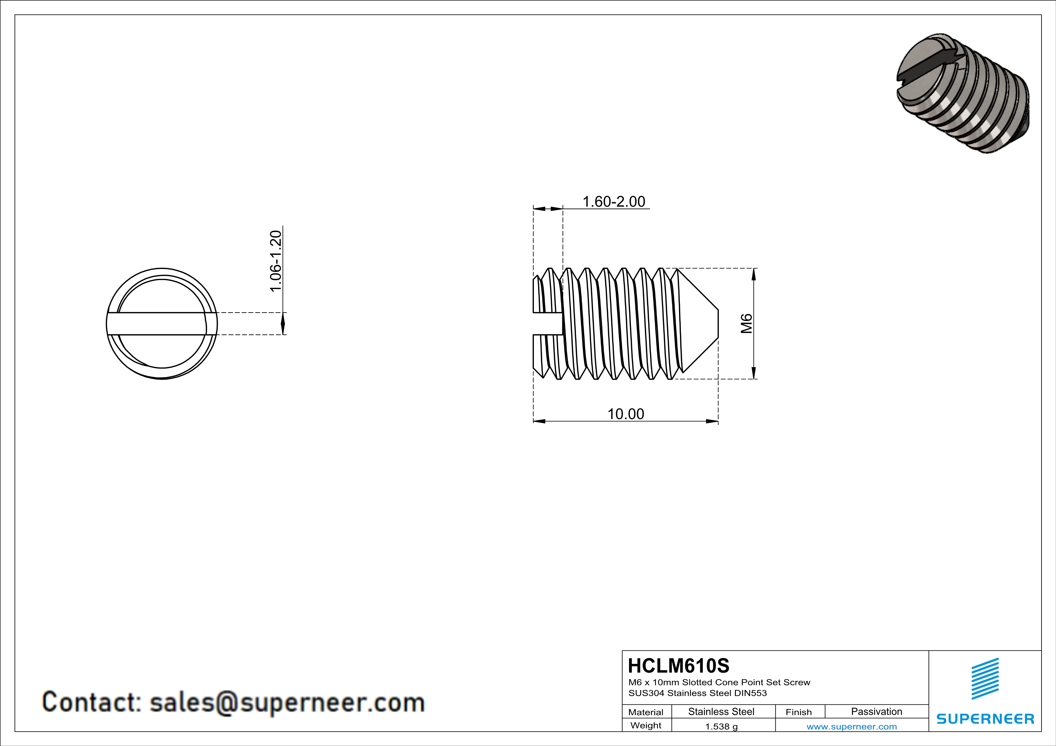 M6 x 10mm Slotted Cone Point Set Screw SUS304 Stainless Steel Inox DIN553