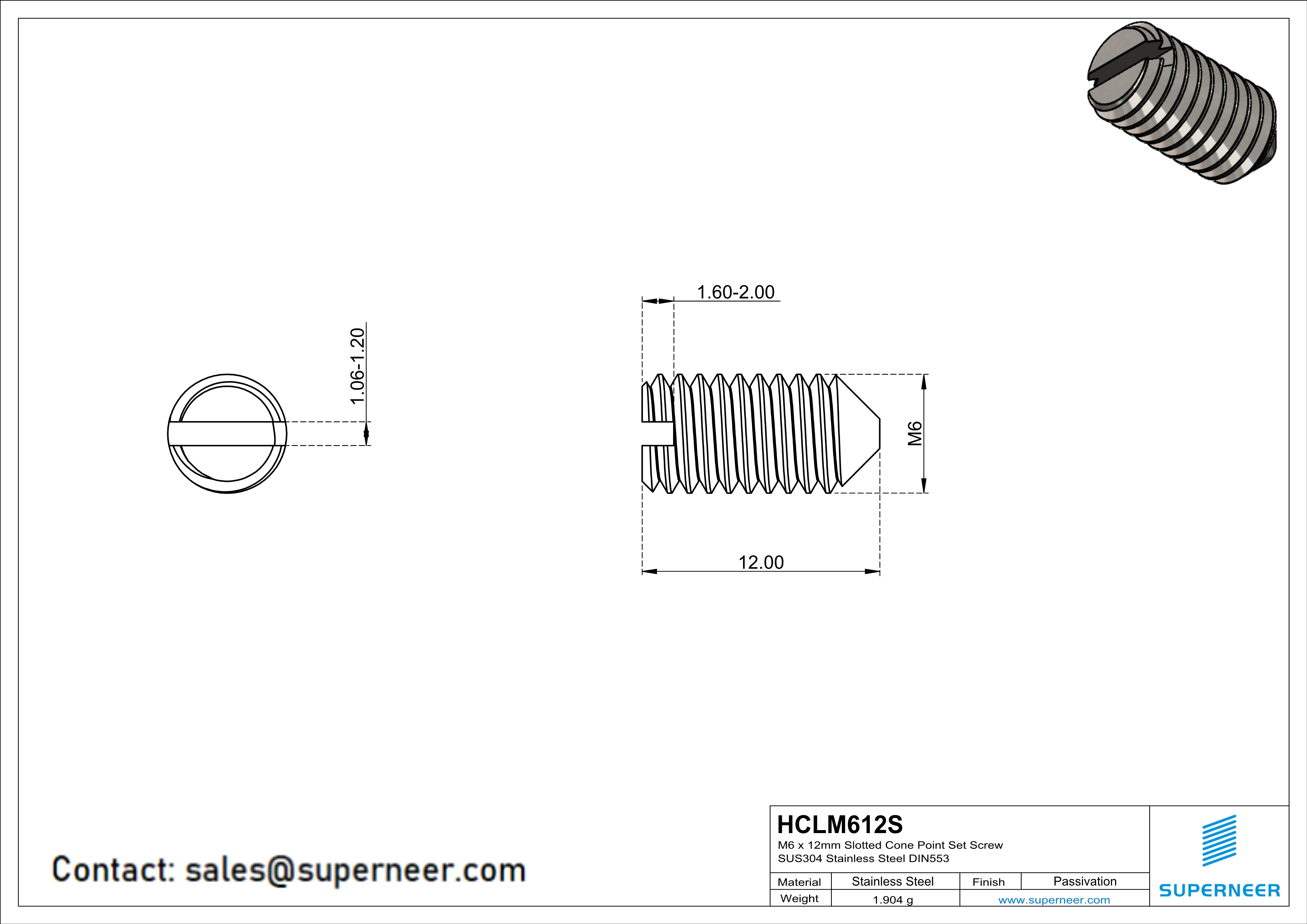 M6 x 12mm Slotted Cone Point Set Screw SUS304 Stainless Steel Inox DIN553