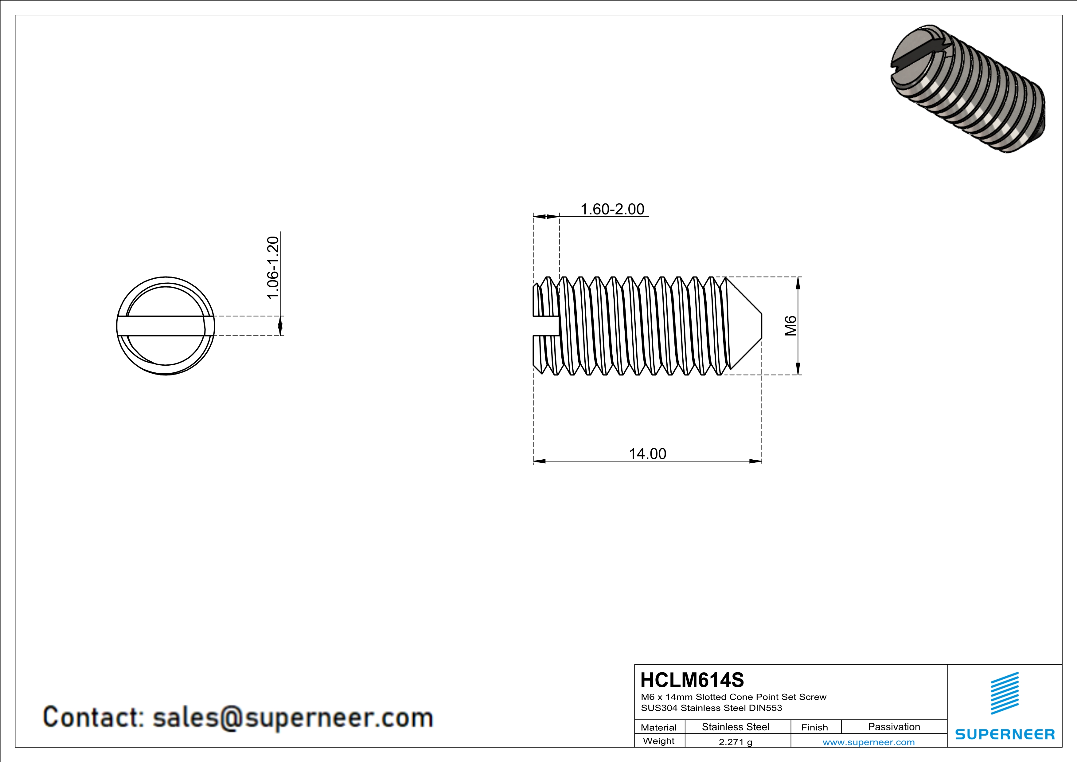 M6 x 14mm Slotted Cone Point Set Screw SUS304 Stainless Steel Inox DIN553