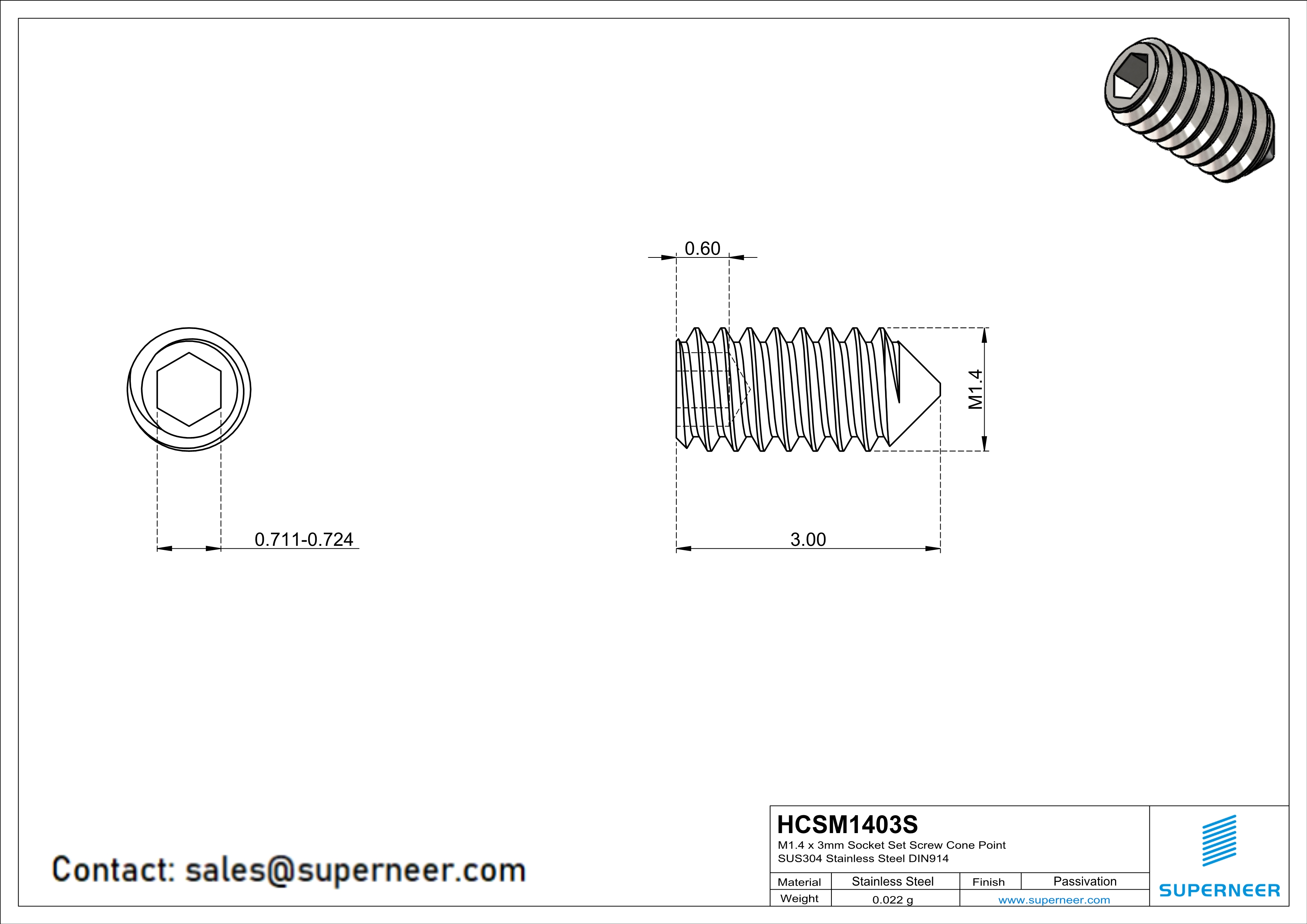 M1.4 x 3mm Socket Set Screw Cone Point SUS304 Stainless Steel Inox DIN914