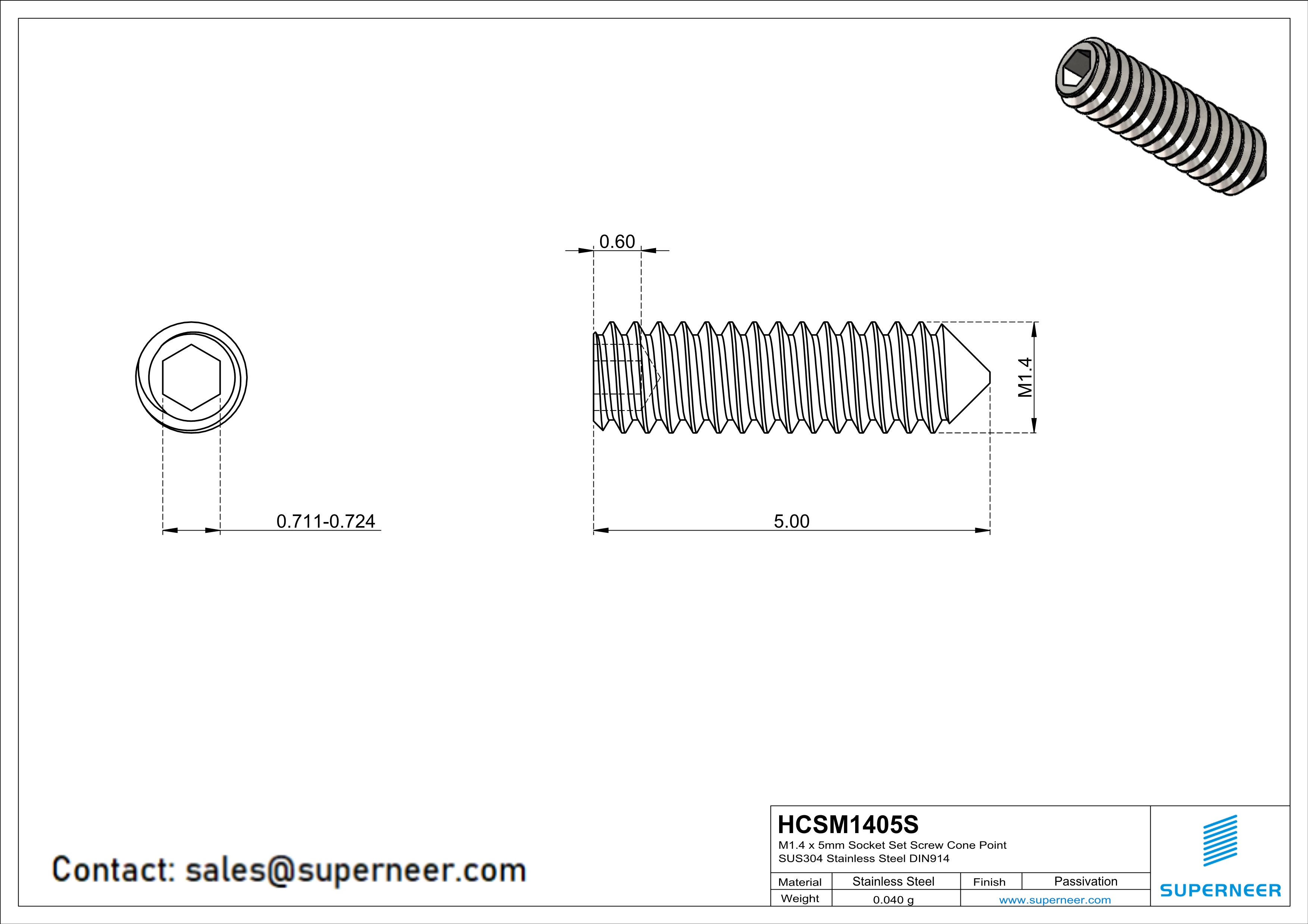 M1.4 x 5mm Socket Set Screw Cone Point SUS304 Stainless Steel Inox DIN914