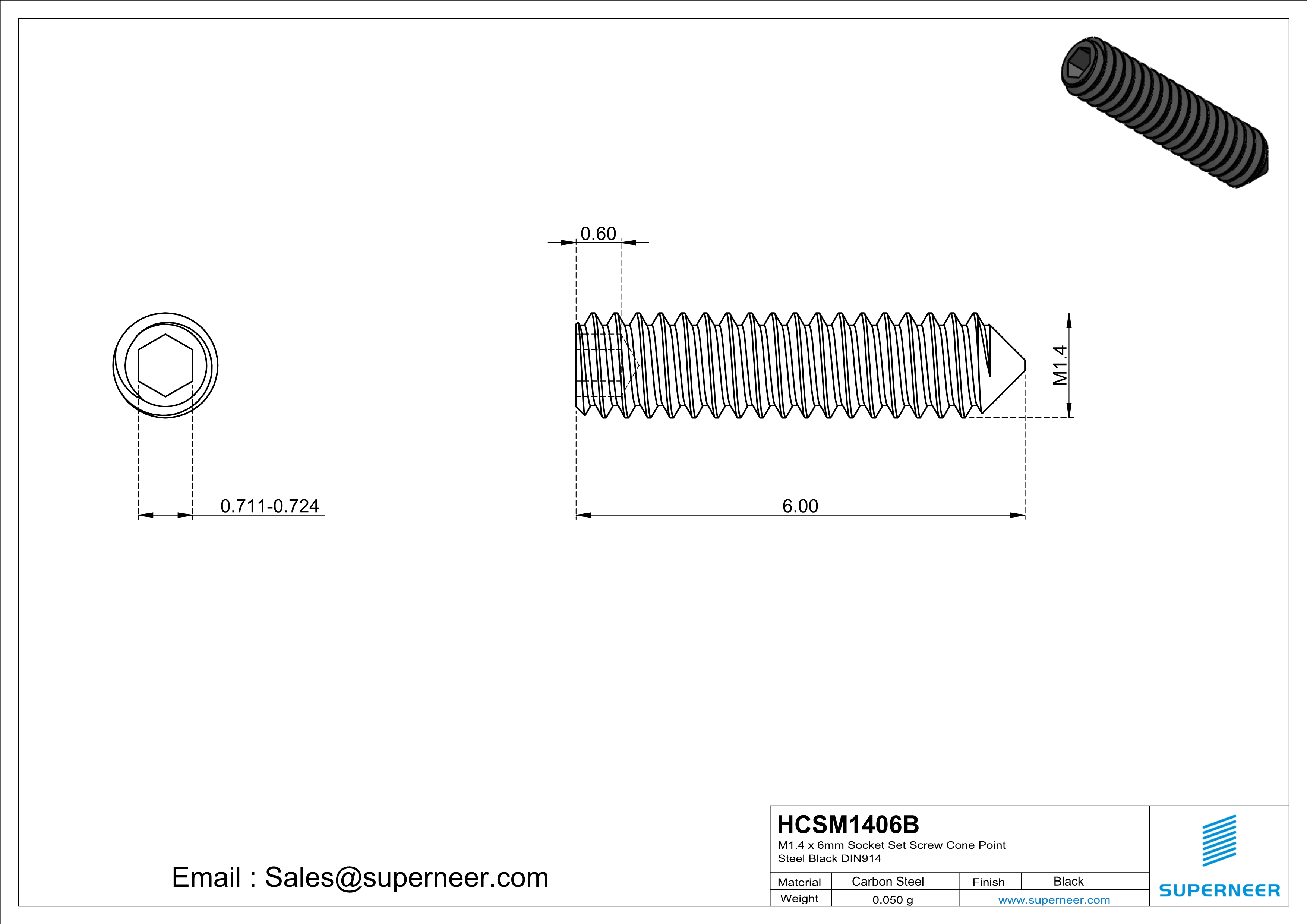 M1.4 x 6mm Socket Set Screw Cone Point Steel Black DIN914