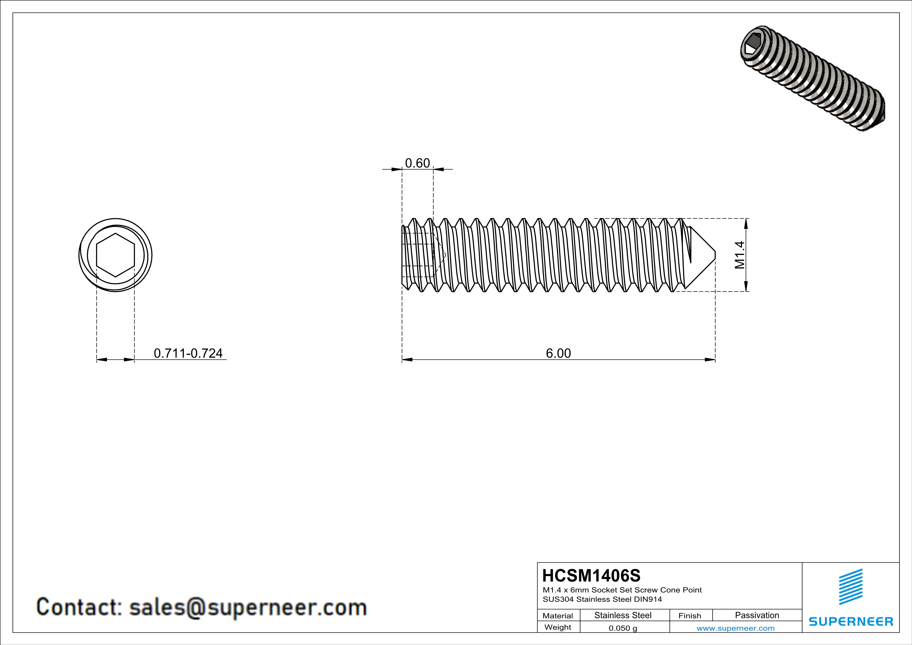 M1.4 x 6mm Socket Set Screw Cone Point SUS304 Stainless Steel Inox DIN914