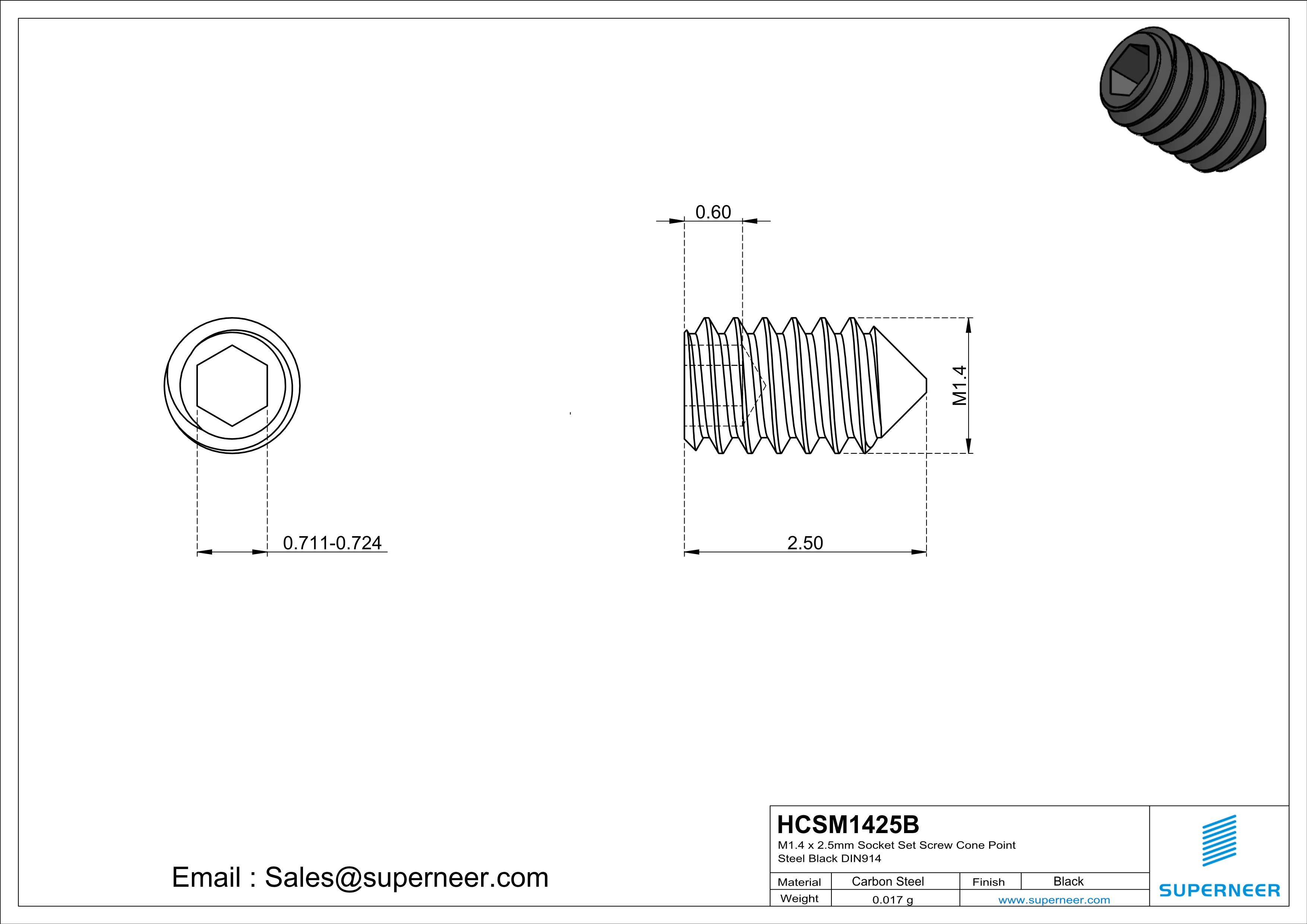 M1.4 x 2.5mm Socket Set Screw Cone Point Steel Black DIN914