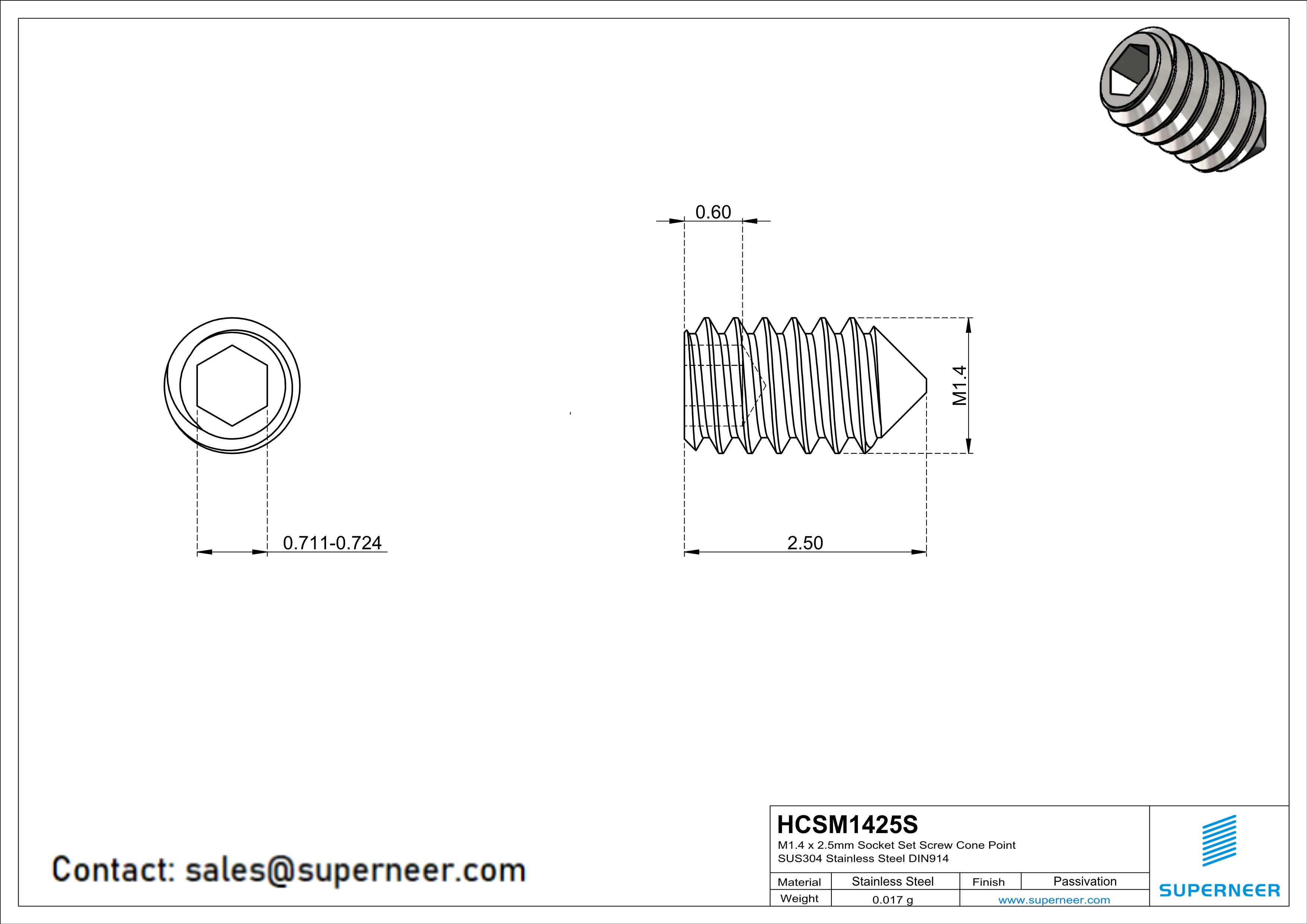 M1.4 x 2.5mm Socket Set Screw Cone Point SUS304 Stainless Steel Inox DIN914