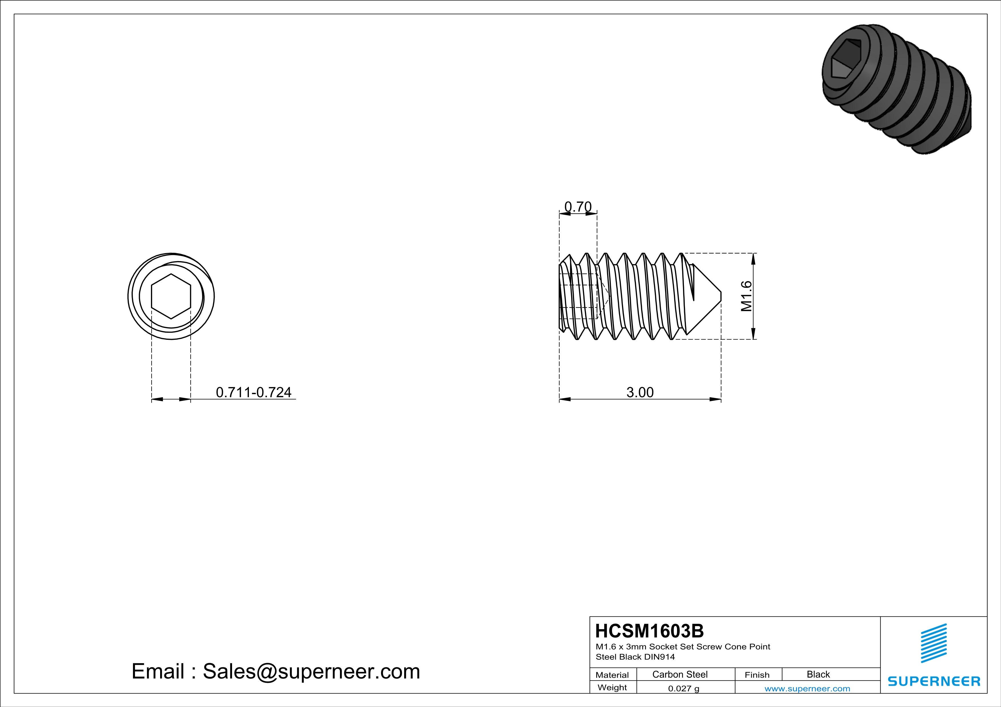 M1.6 x 3mm Socket Set Screw Cone Point Steel Black DIN914