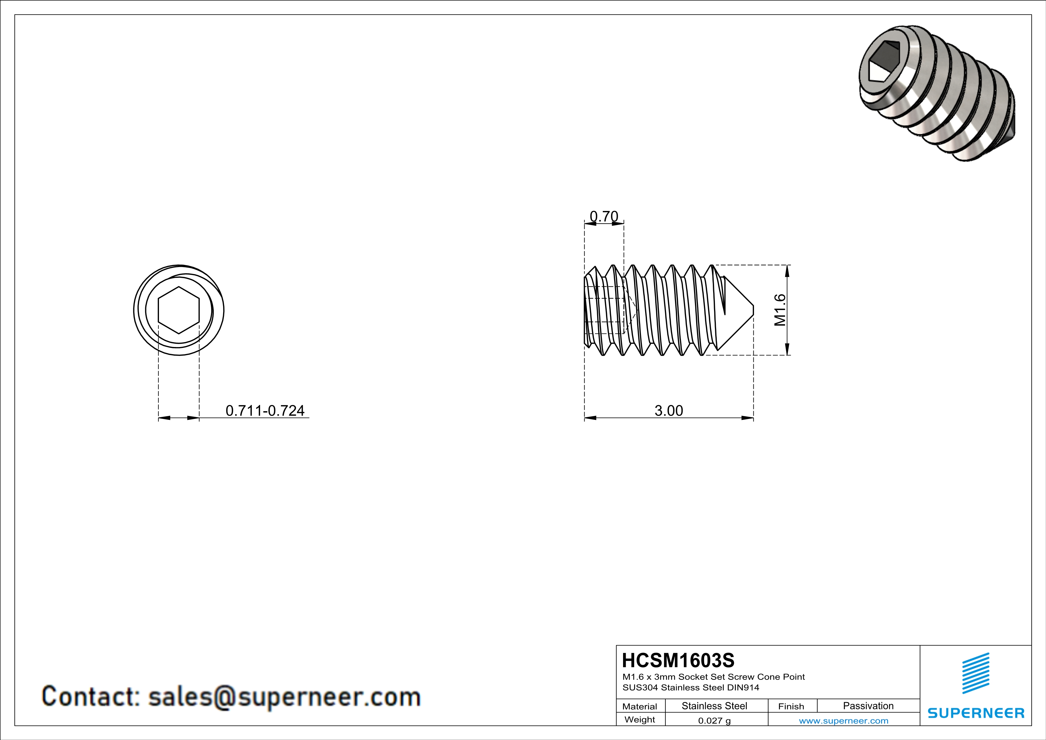 M1.6 x 3mm Socket Set Screw Cone Point SUS304 Stainless Steel Inox DIN914