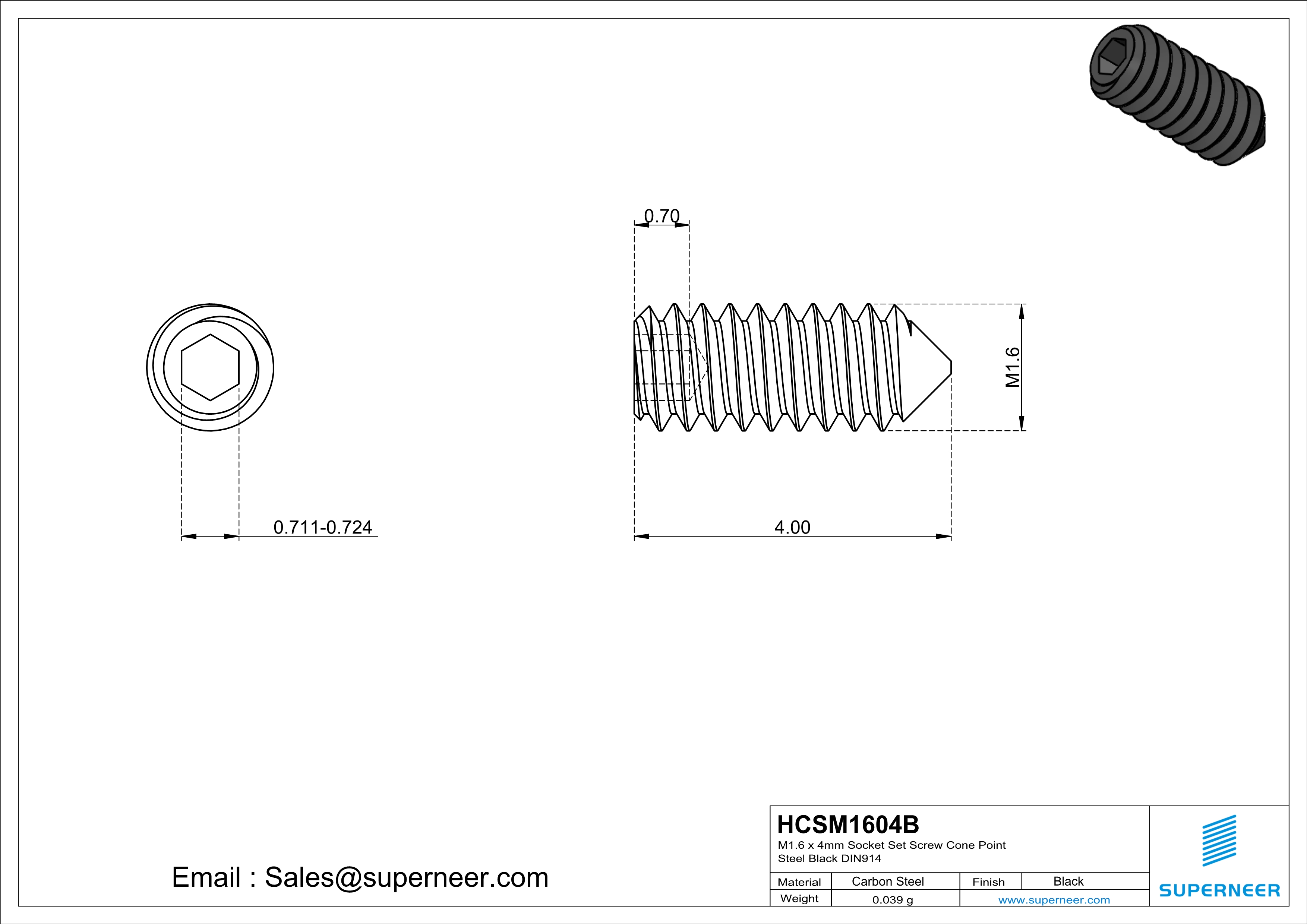 M1.6 x 4mm Socket Set Screw Cone Point Steel Black DIN914