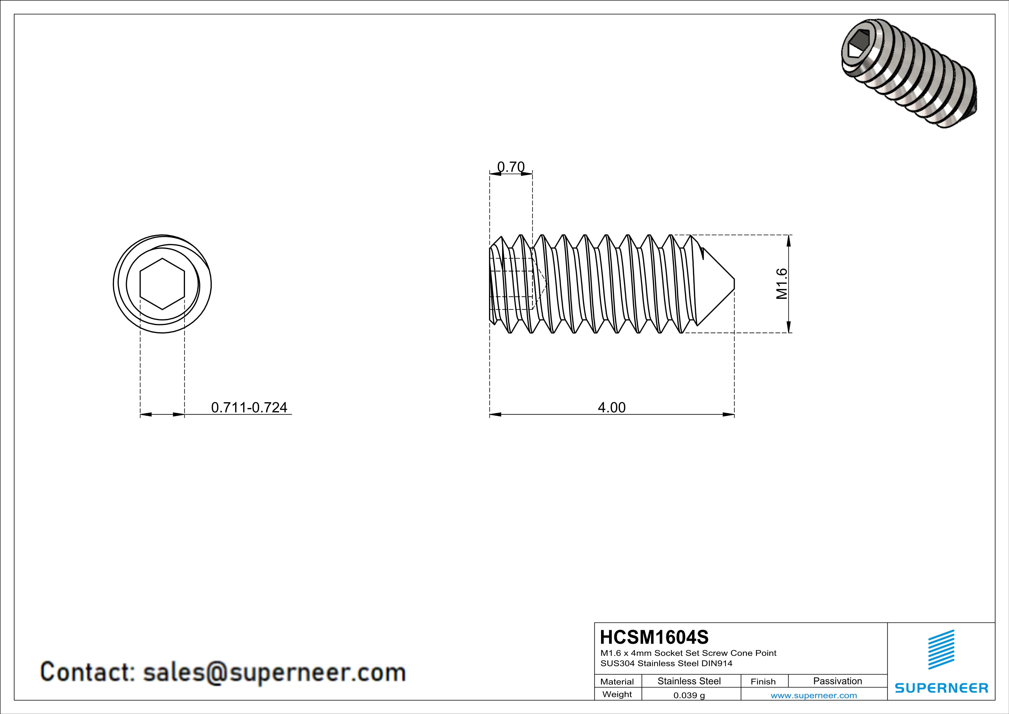 M1.6 x 4mm Socket Set Screw Cone Point SUS304 Stainless Steel Inox DIN914