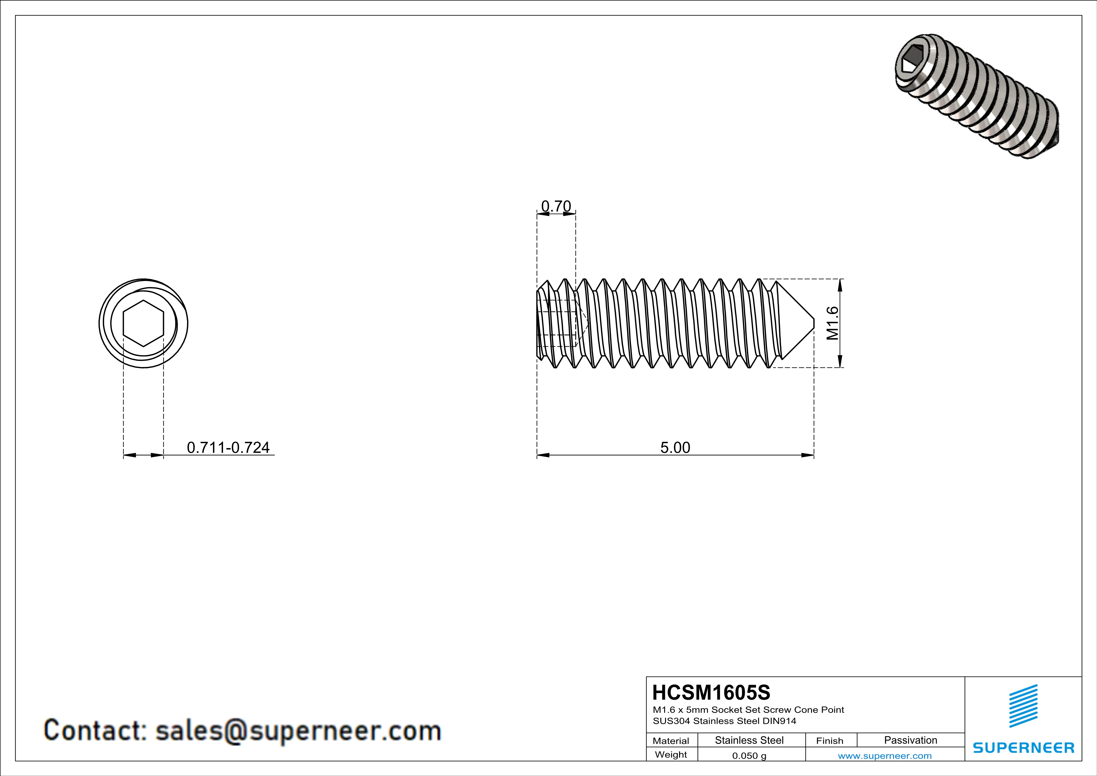 M1.6 x 5mm Socket Set Screw Cone Point SUS304 Stainless Steel Inox DIN914