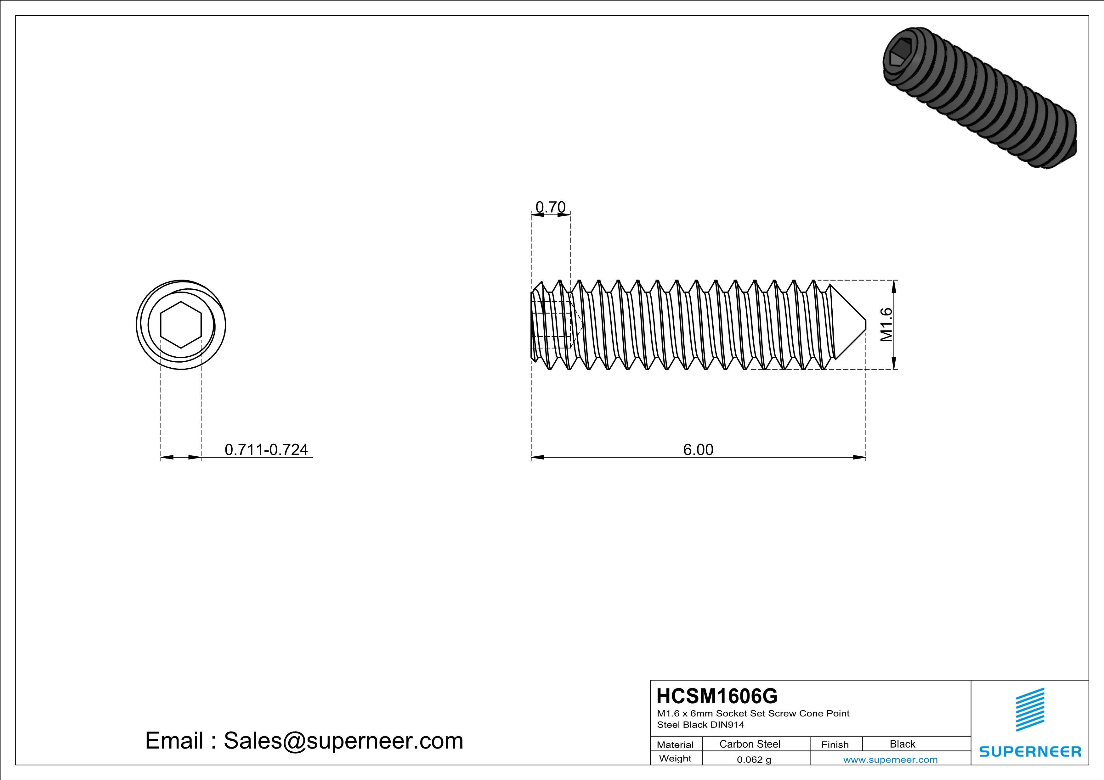 M1.6 x 6mm Socket Set Screw Cone Point 12.9 Carbon Steel Black DIN914