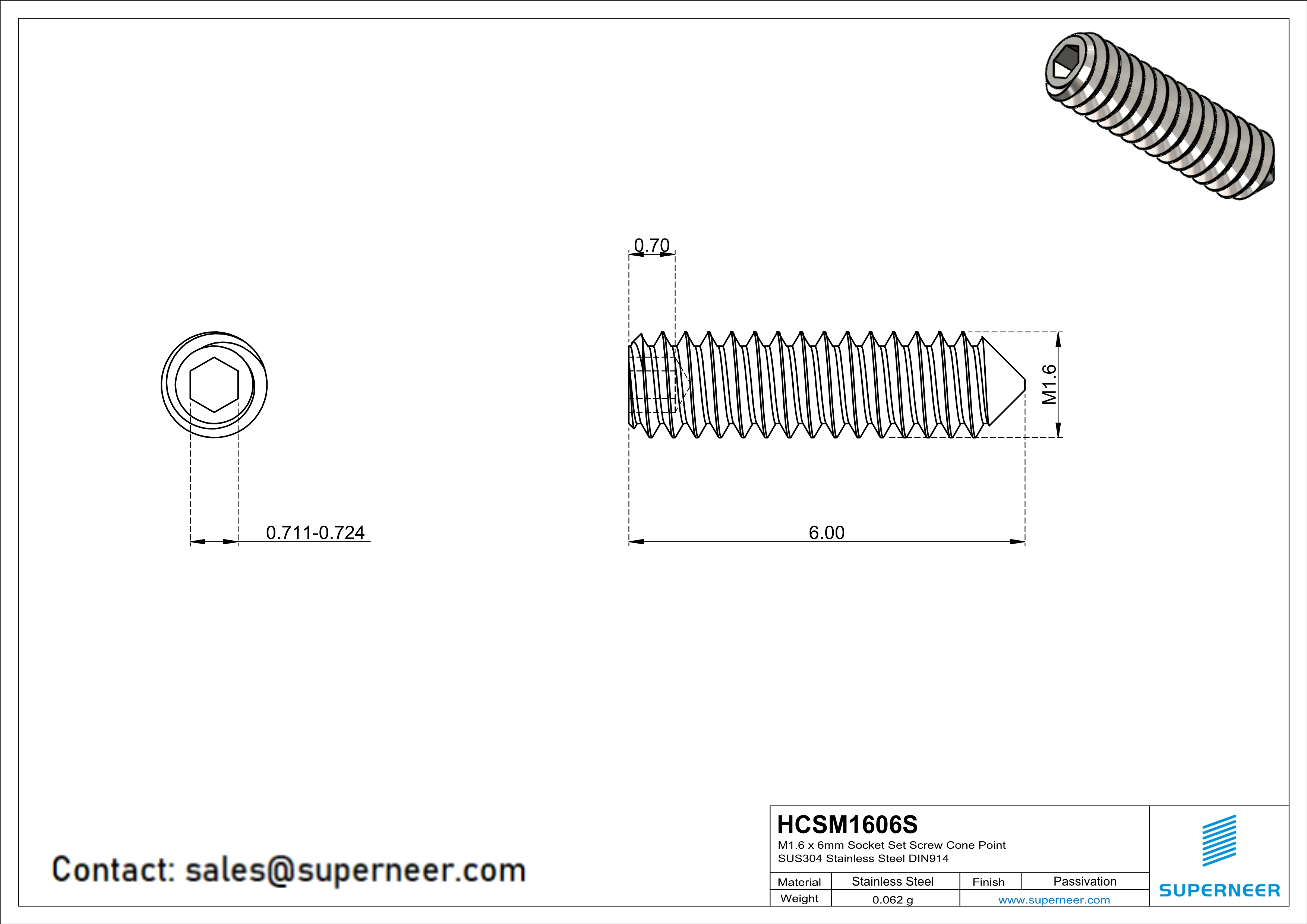 M1.6 x 6mm Socket Set Screw Cone Point SUS304 Stainless Steel Inox DIN914