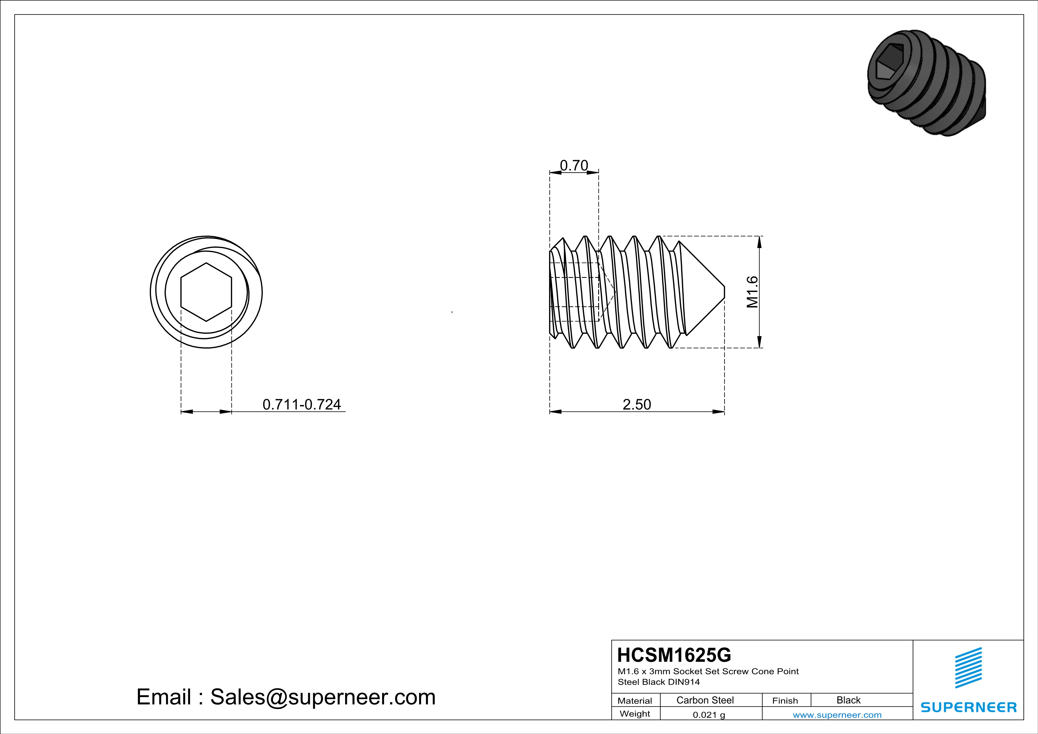M1.6 x 2.5mm Socket Set Screw Cone Point 12.9 Carbon Steel Black DIN914