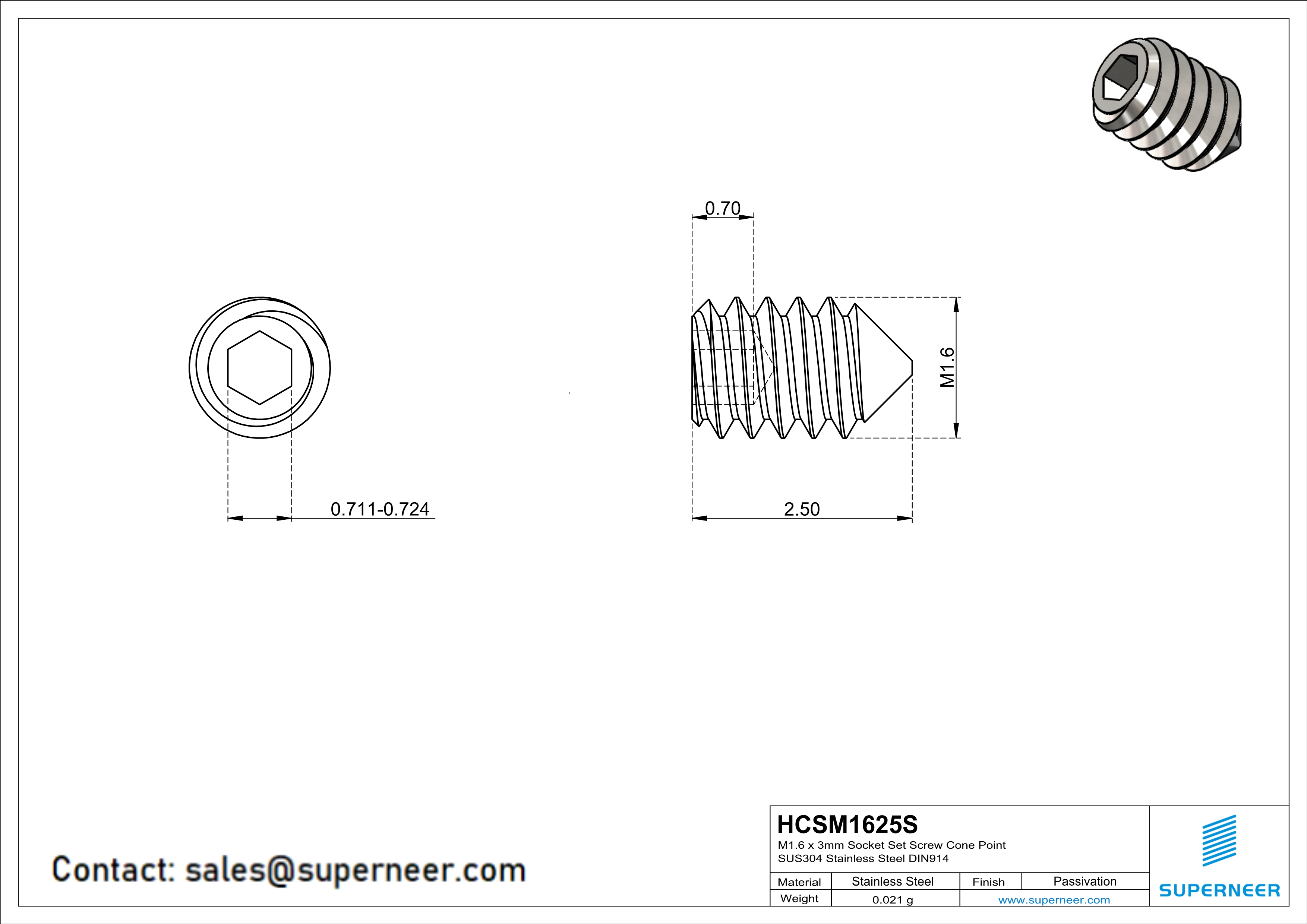M1.6 x 2.5mm Socket Set Screw Cone Point SUS304 Stainless Steel Inox DIN914