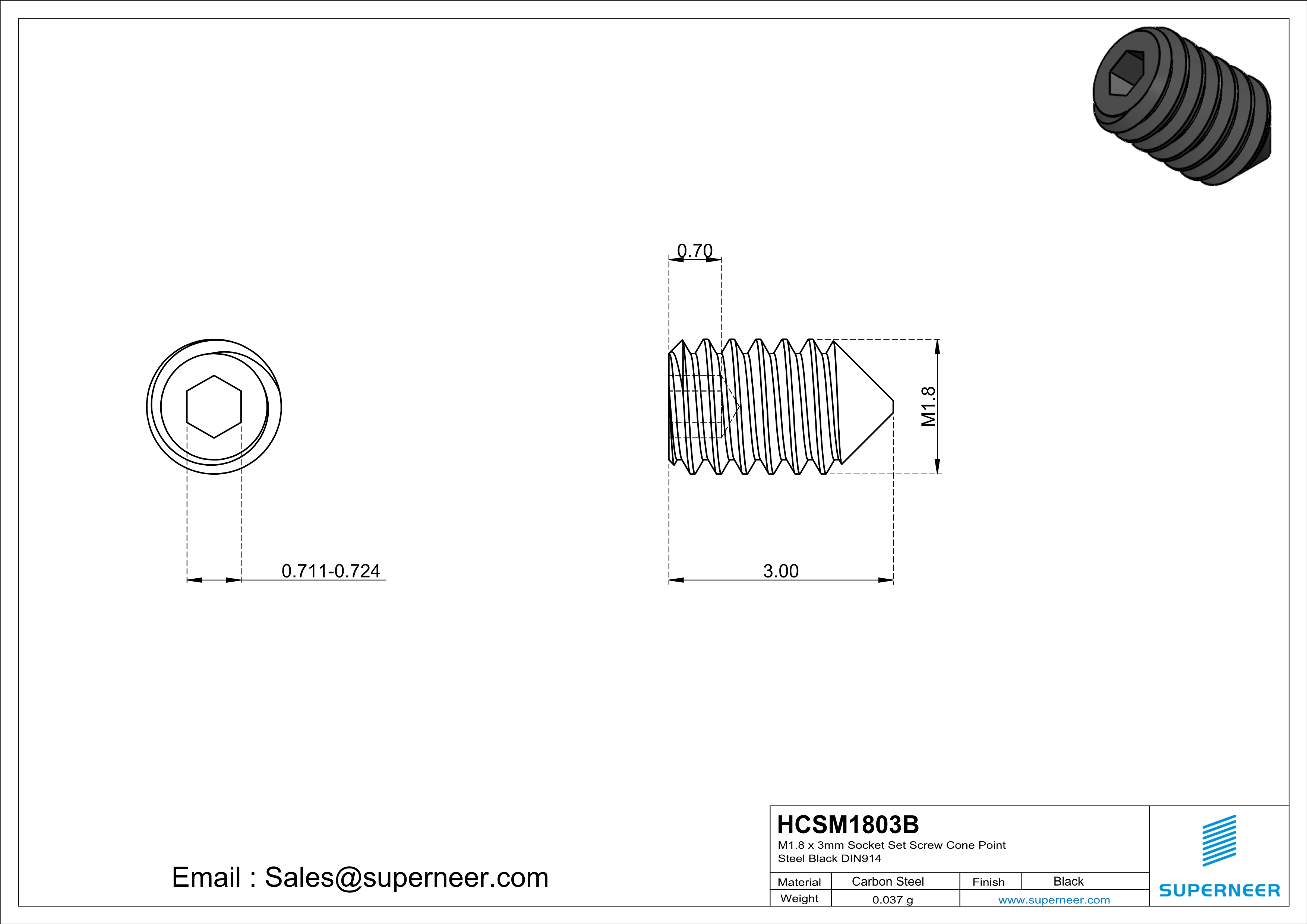 M1.8 x 3mm Socket Set Screw Cone Point Steel Black DIN914