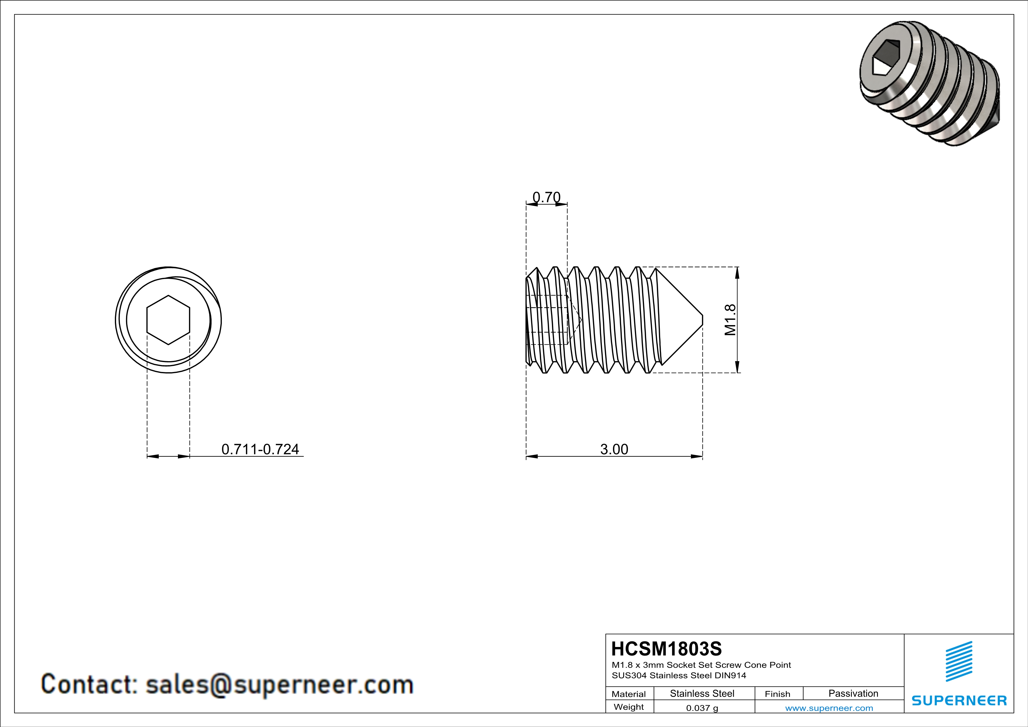 M1.8 x 3mm Socket Set Screw Cone Point SUS304 Stainless Steel Inox DIN914