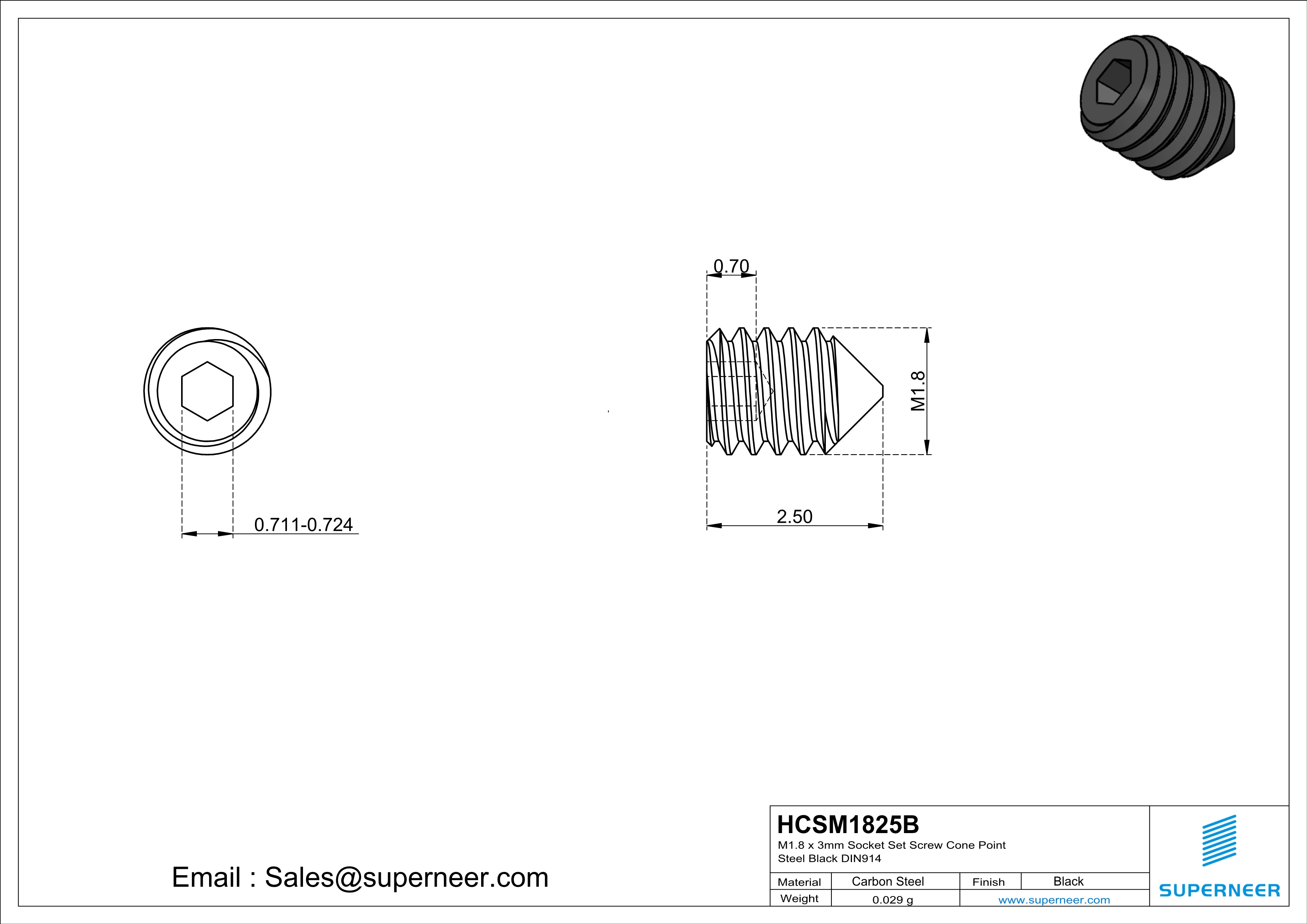 M1.8 x 2.5mm Socket Set Screw Cone Point Steel Black DIN914