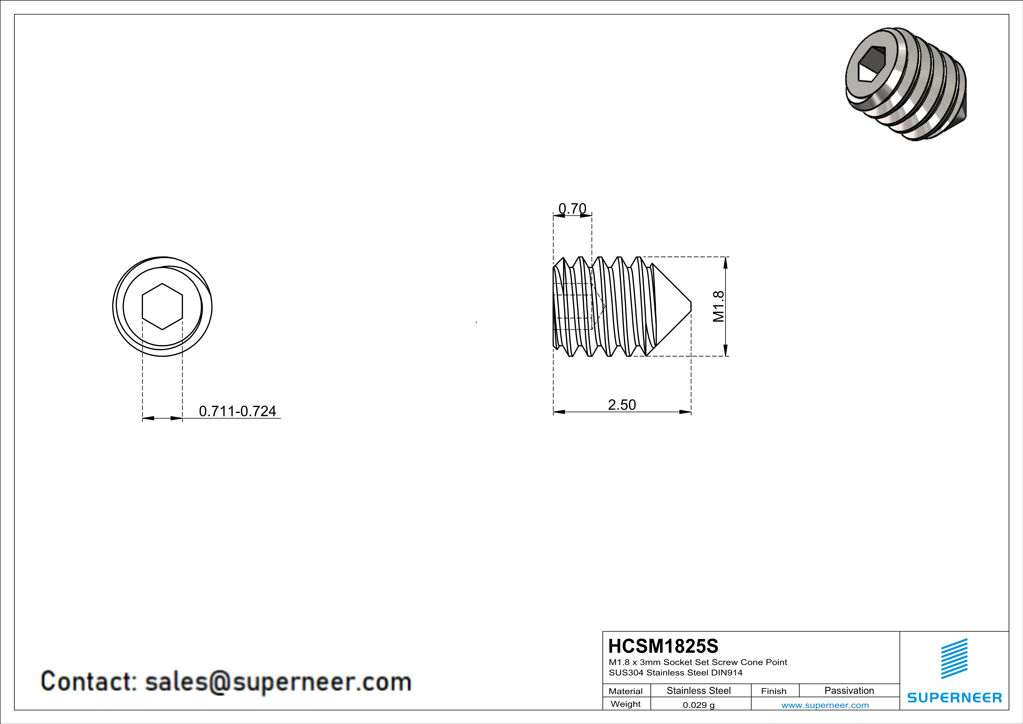 M1.8 x 2.5mm Socket Set Screw Cone Point SUS304 Stainless Steel Inox DIN914