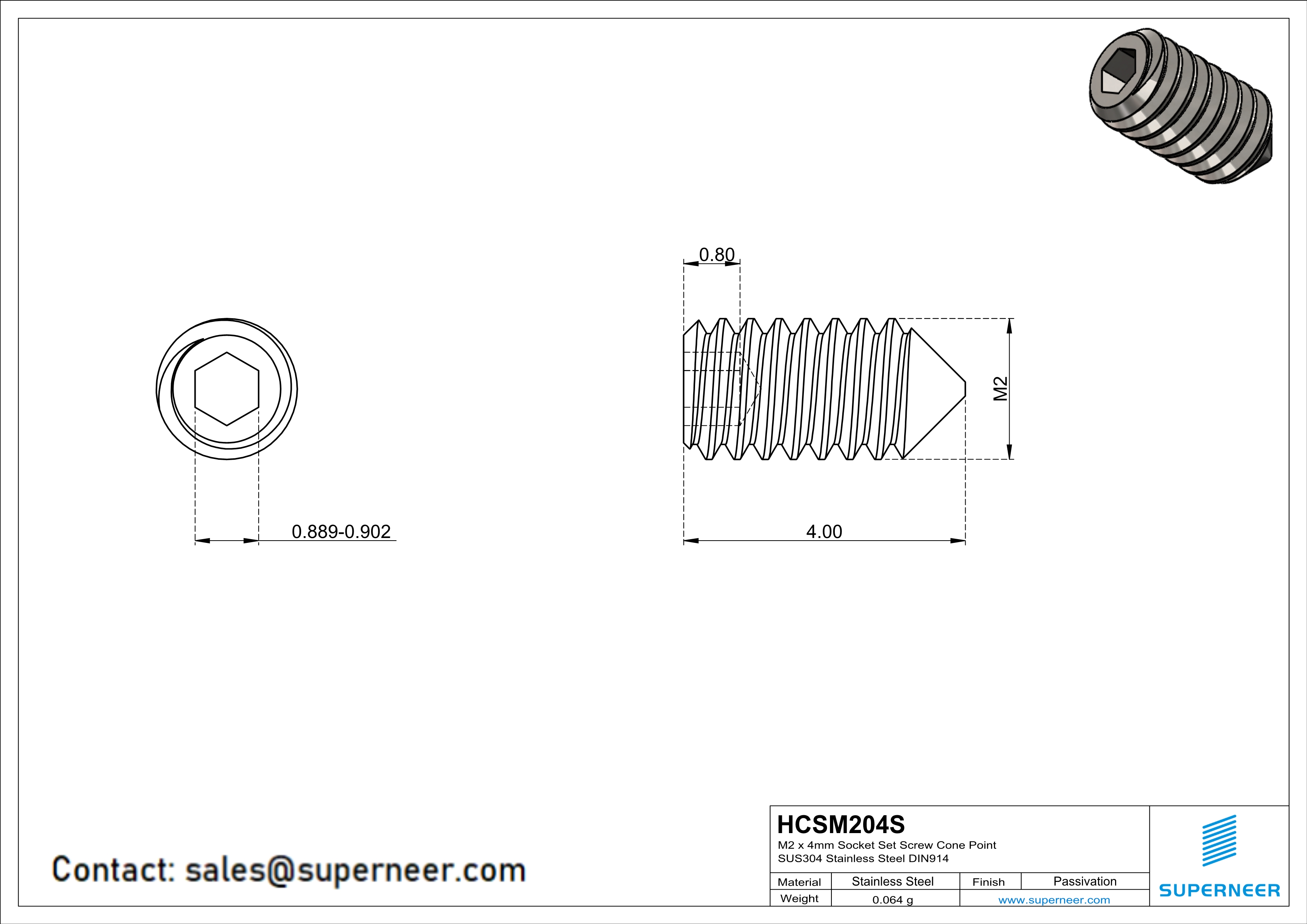 M2 x 4mm Socket Set Screw Cone Point SUS304 Stainless Steel Inox DIN914