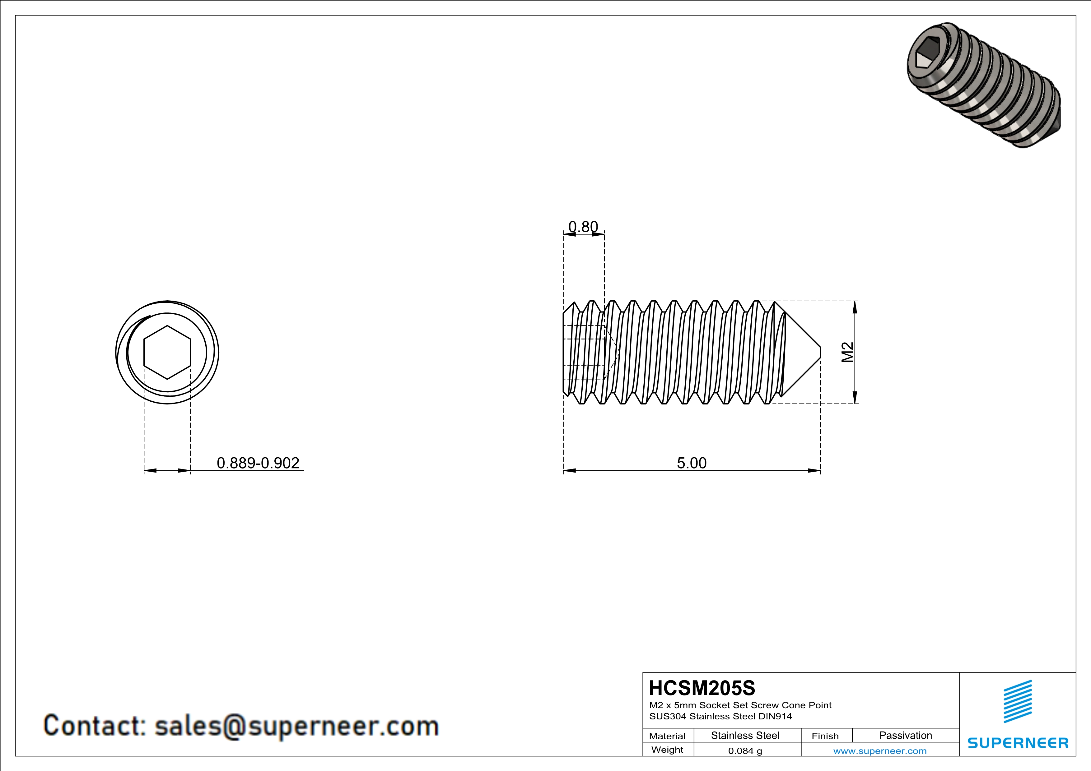 M2 x 5mm Socket Set Screw Cone Point SUS304 Stainless Steel Inox DIN914