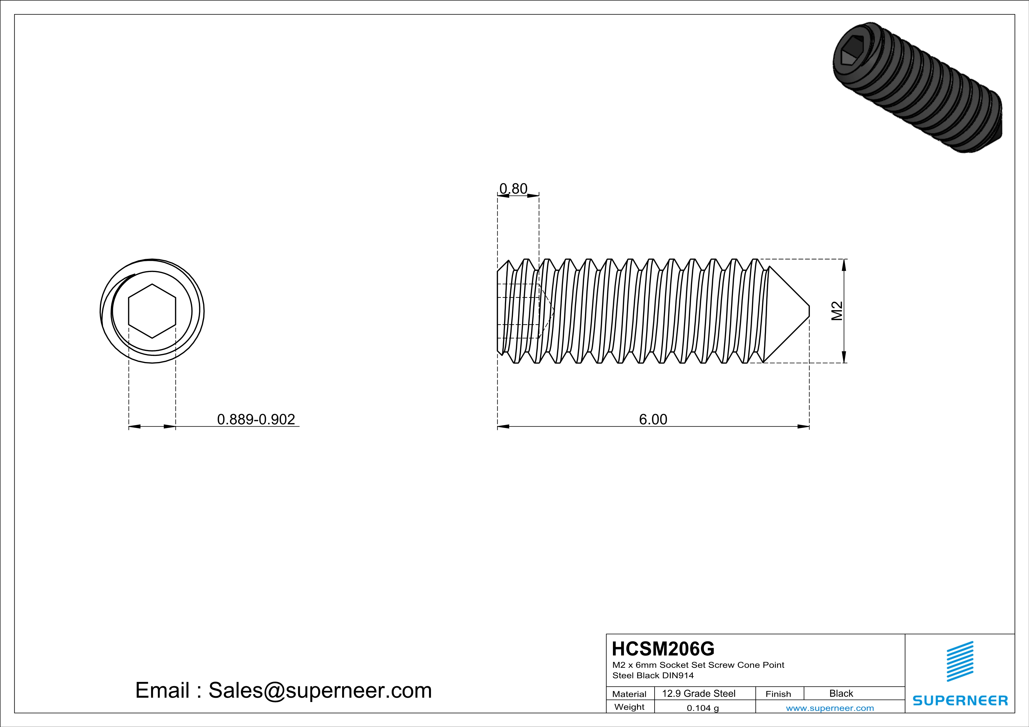 M2 x 6mm Socket Set Screw Cone Point 12.9 Carbon Steel Black DIN914