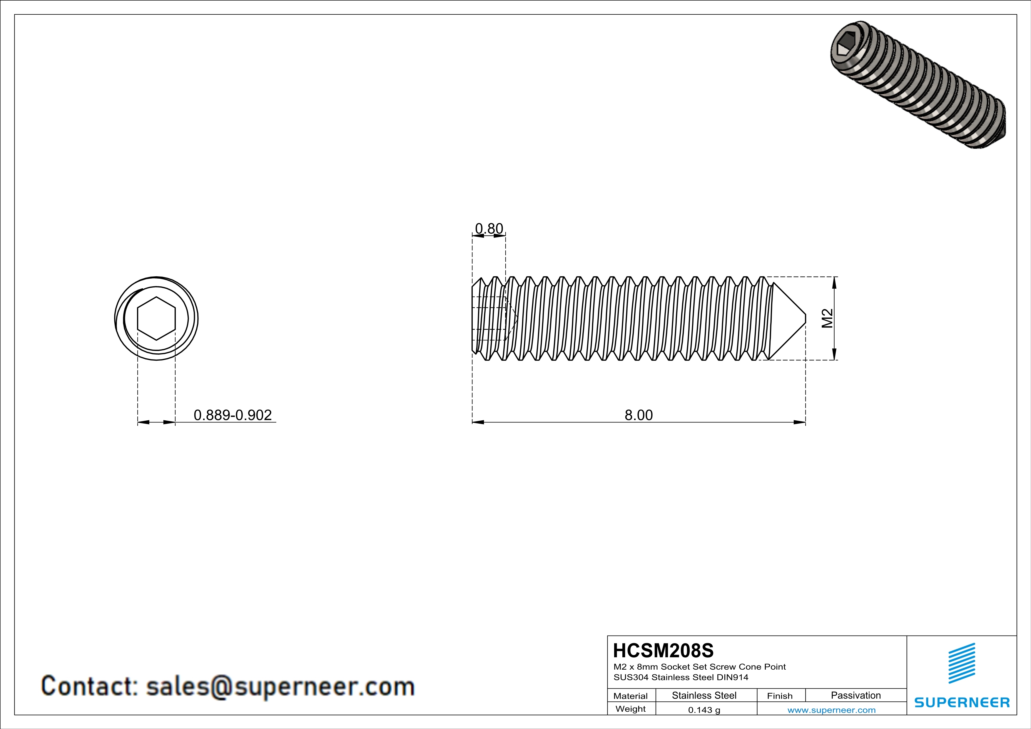 M2 x 8mm Socket Set Screw Cone Point SUS304 Stainless Steel Inox DIN914