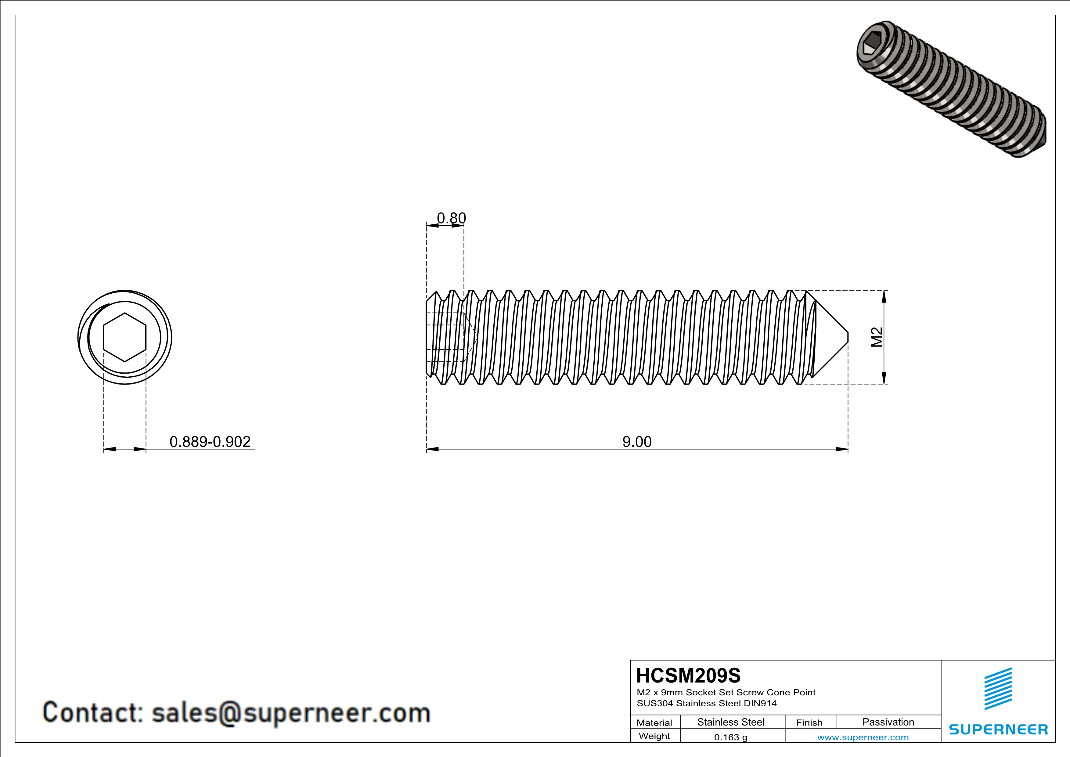 M2 x 9mm Socket Set Screw Cone Point SUS304 Stainless Steel Inox DIN914