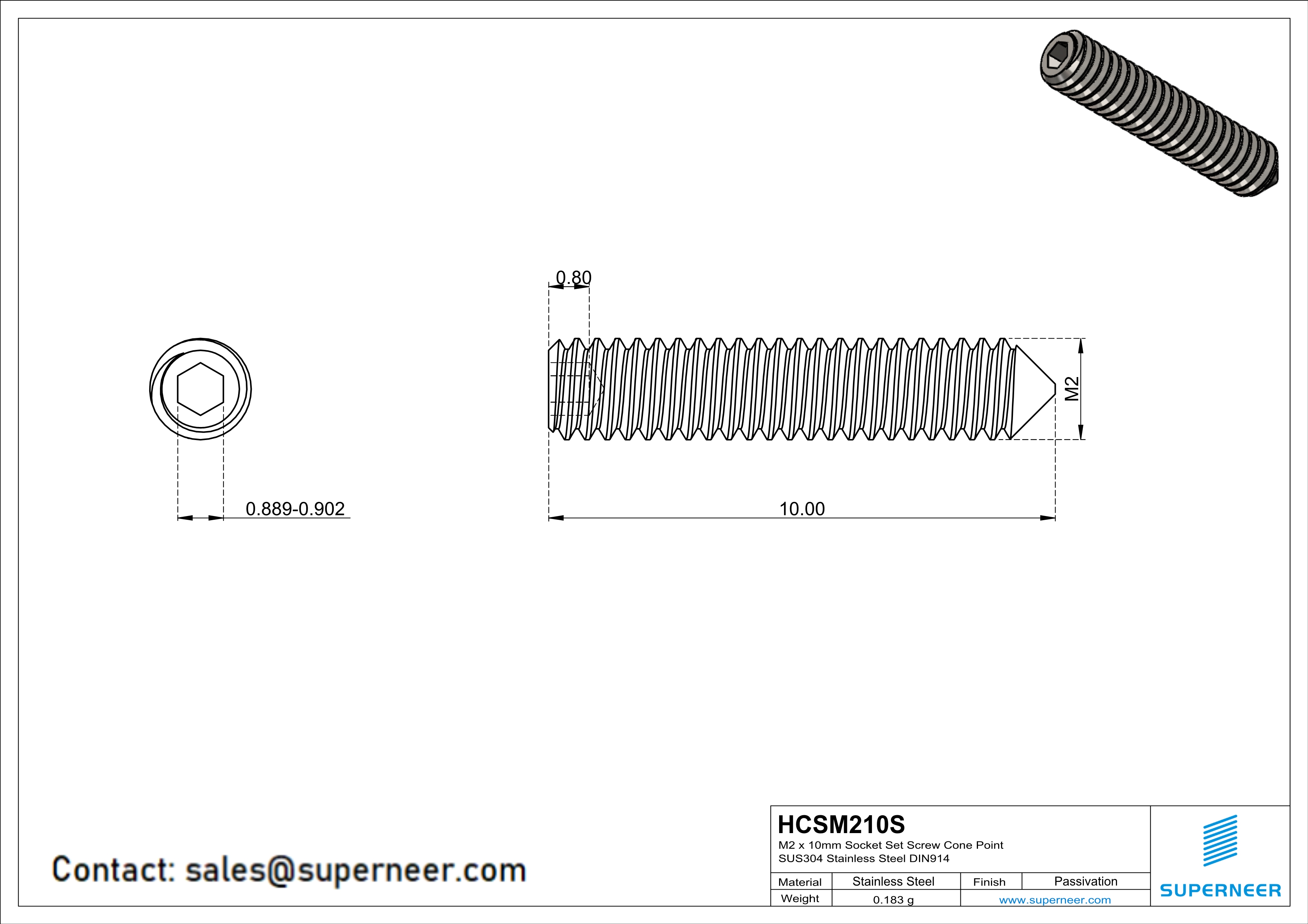 M2 x 10mm Socket Set Screw Cone Point SUS304 Stainless Steel Inox DIN914