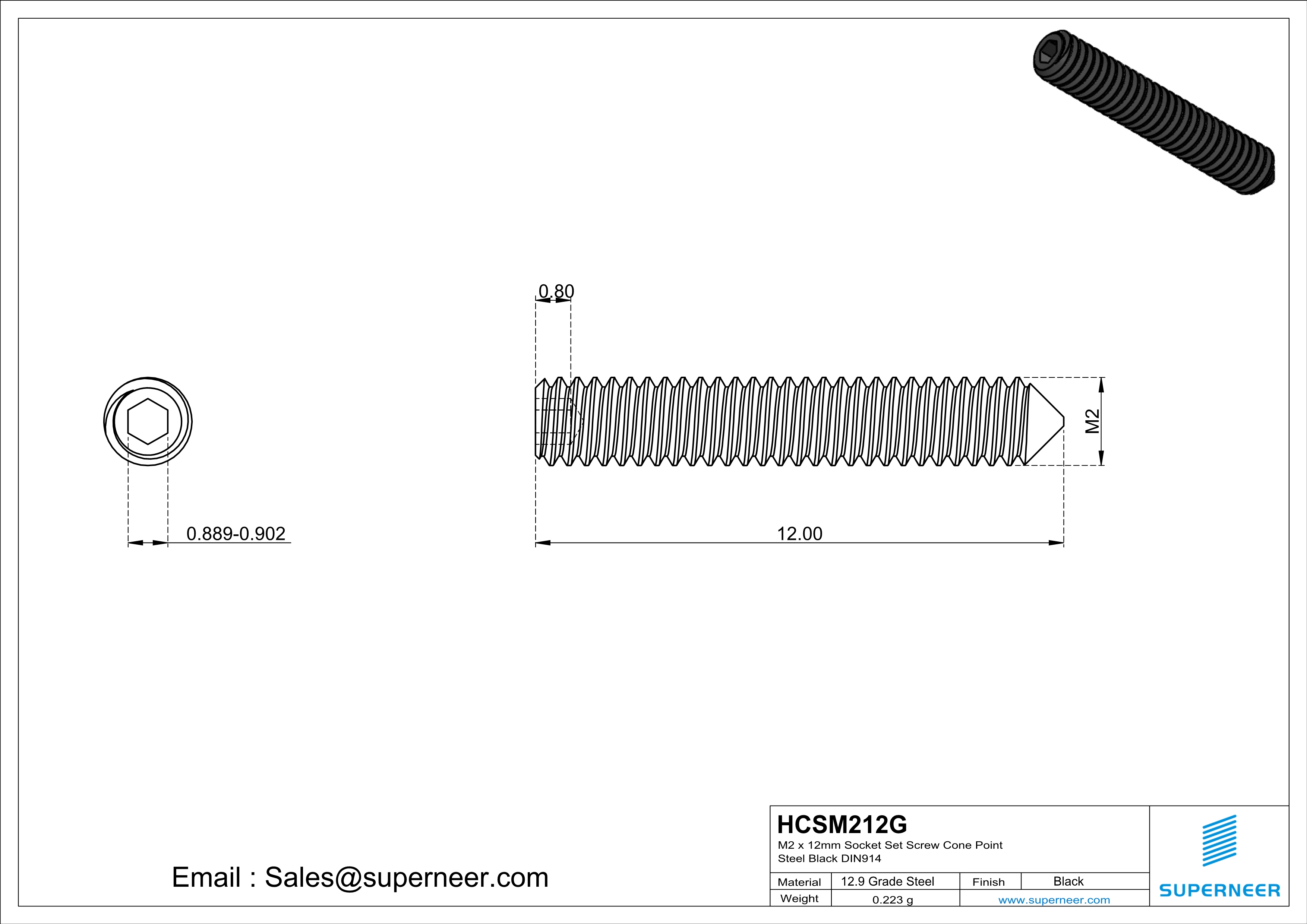 M2 x 12mm Socket Set Screw Cone Point 12.9 Carbon Steel Black DIN914