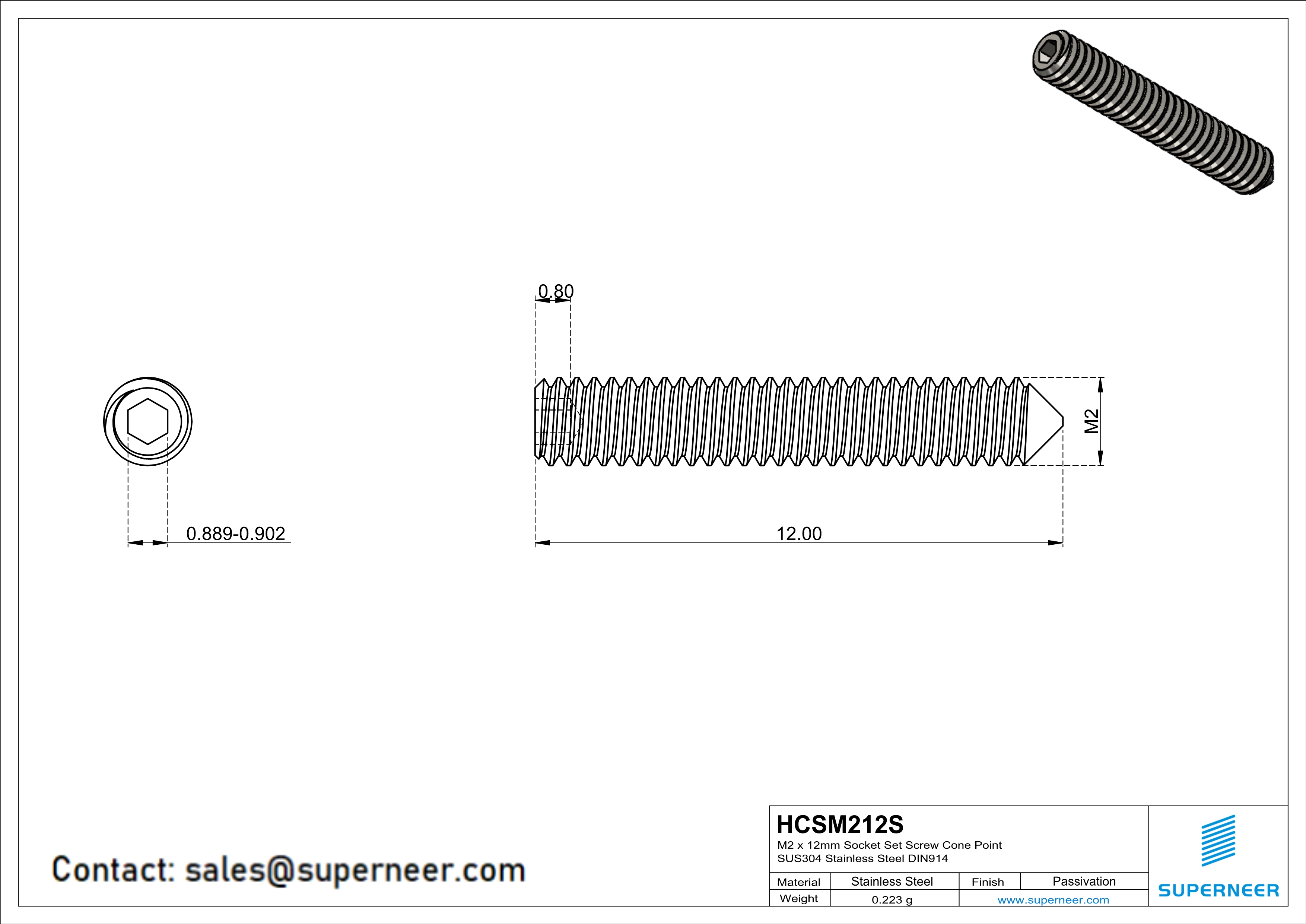 M2 x 12mm Socket Set Screw Cone Point SUS304 Stainless Steel Inox DIN914