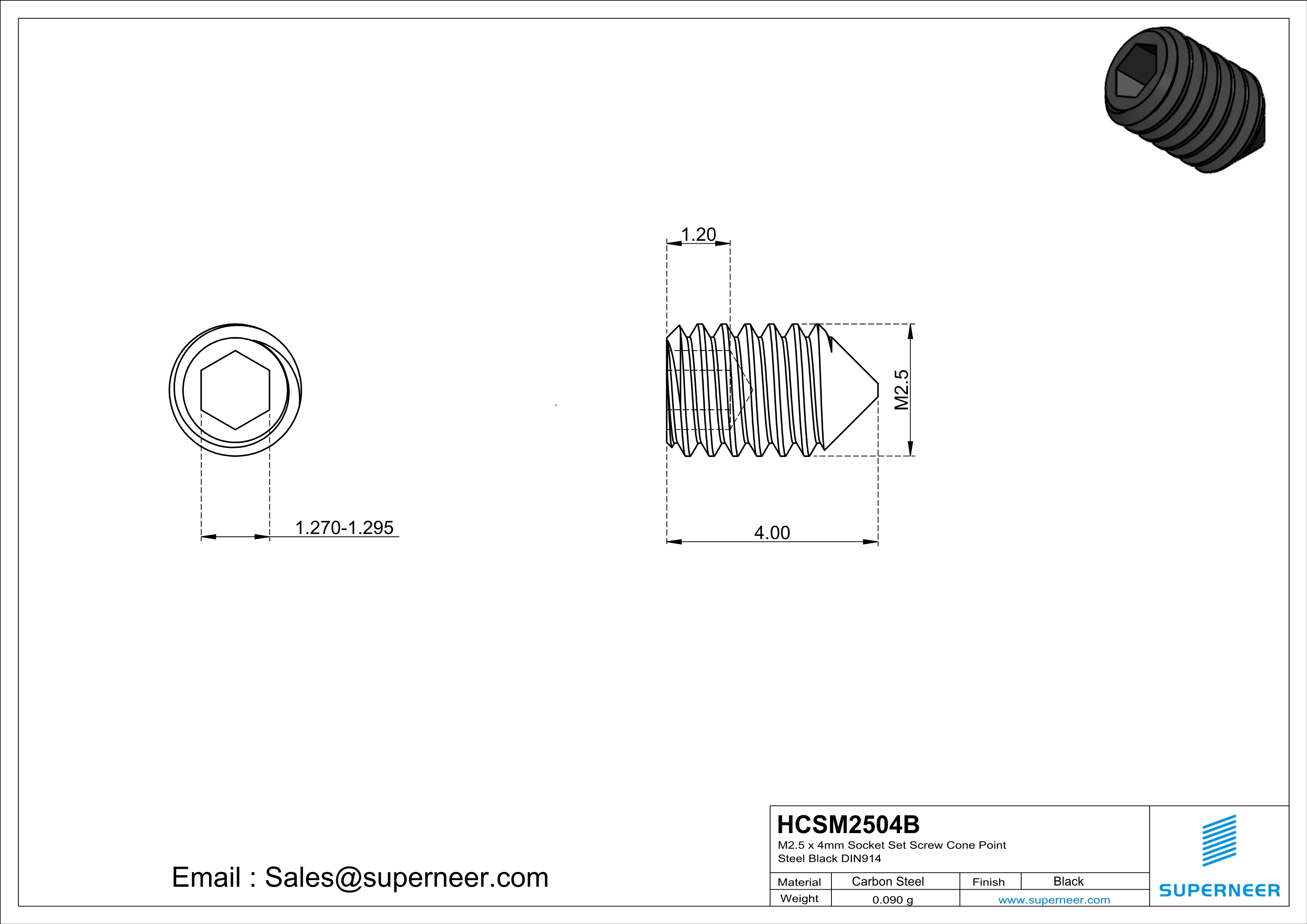 M2.5 x 4mm Socket Set Screw Cone Point Steel Black DIN914