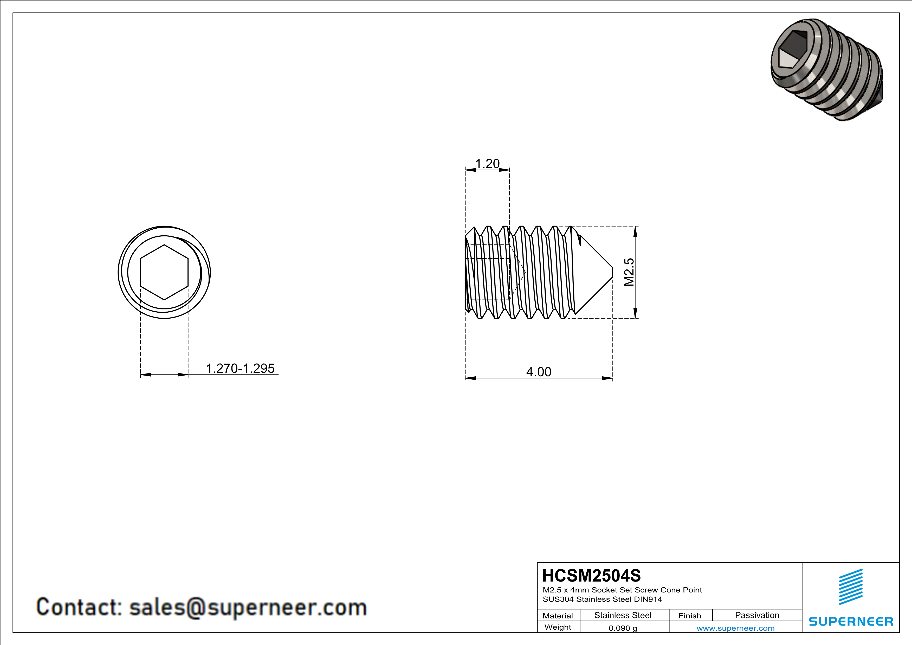 M2.5 x 4mm Socket Set Screw Cone Point SUS304 Stainless Steel Inox DIN914