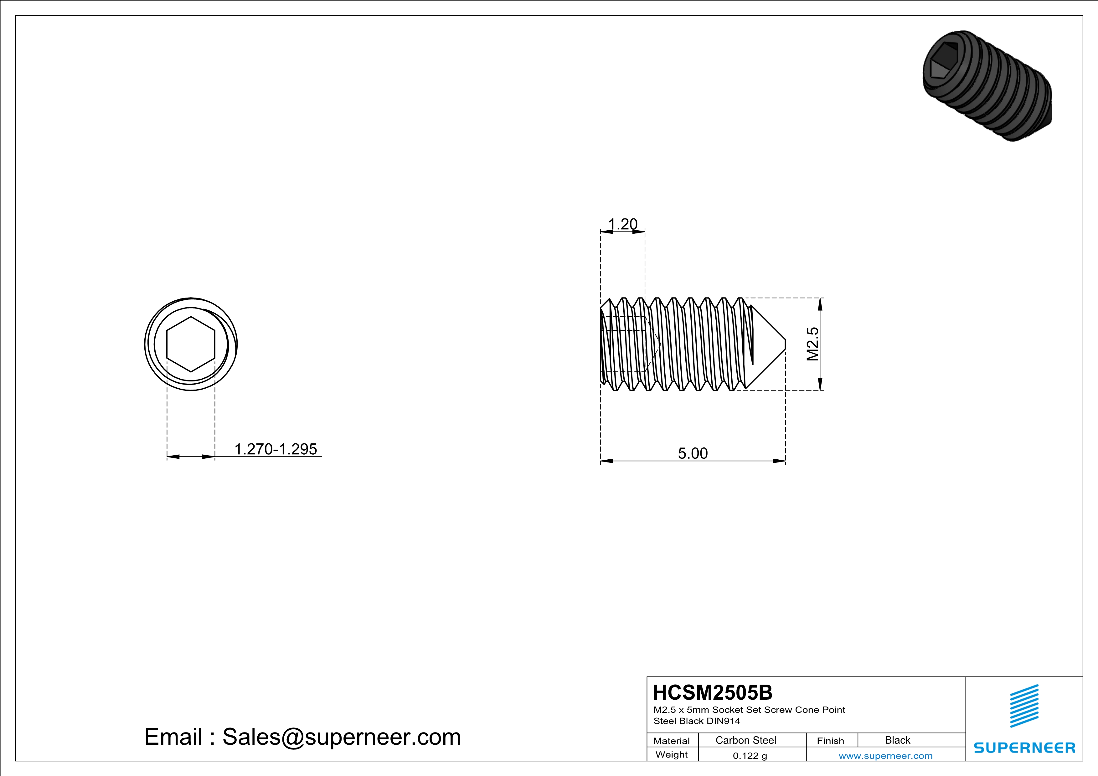 M2.5 x 5mm Socket Set Screw Cone Point Steel Black DIN914