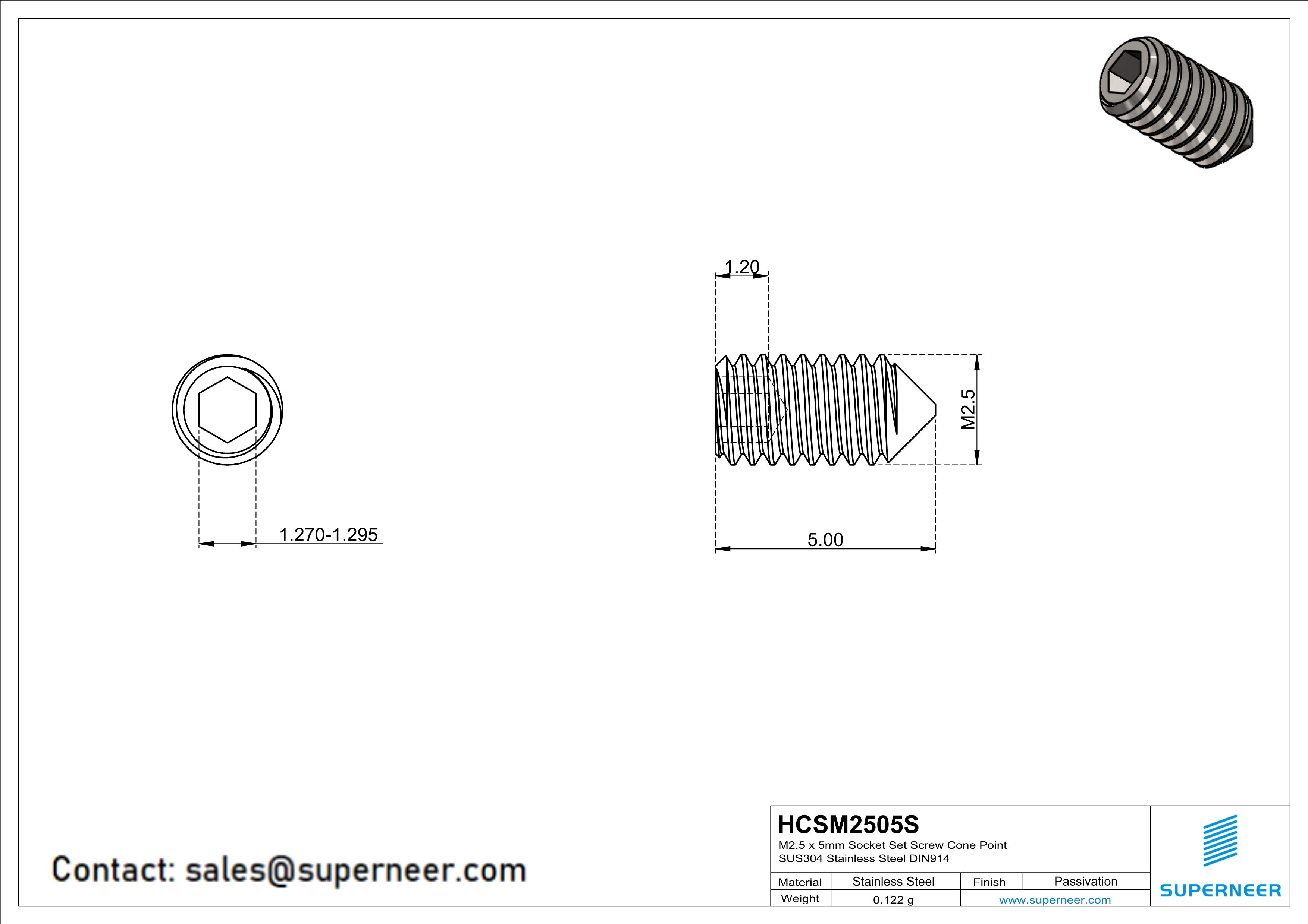 M2.5 x 5mm Socket Set Screw Cone Point SUS304 Stainless Steel Inox DIN914