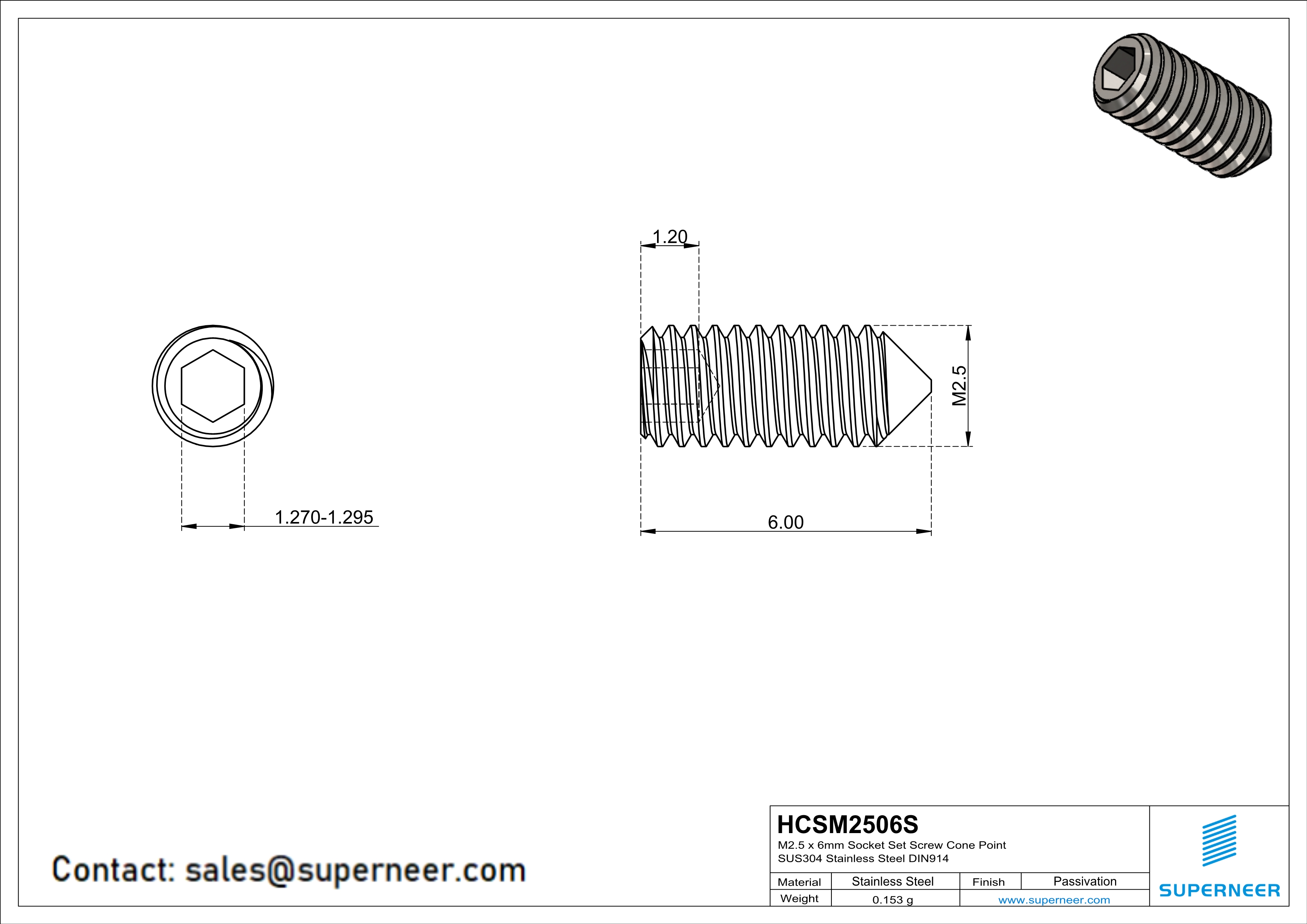 M2.5 x 6mm Socket Set Screw Cone Point SUS304 Stainless Steel Inox DIN914