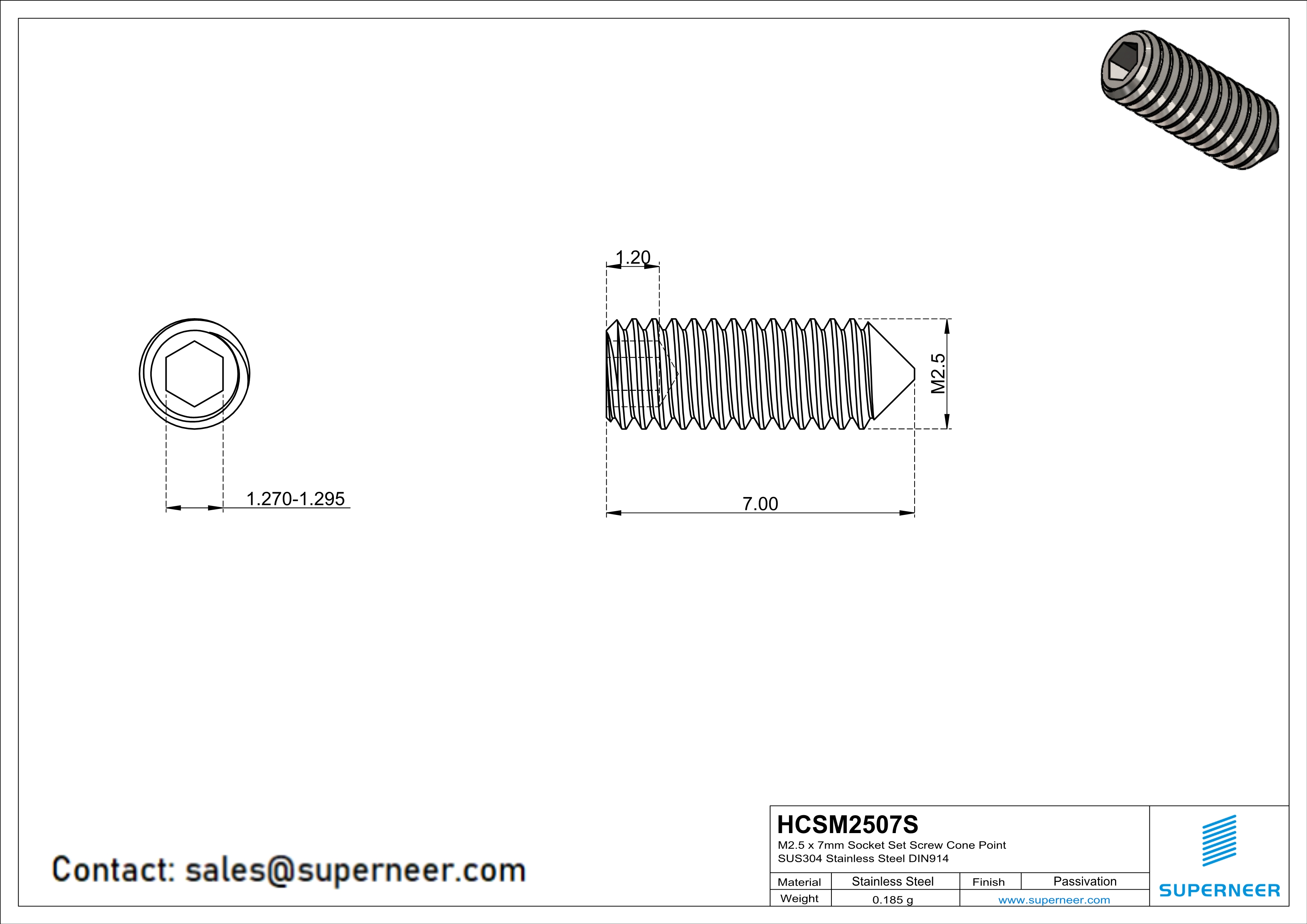 M2.5 x 7mm Socket Set Screw Cone Point SUS304 Stainless Steel Inox DIN914