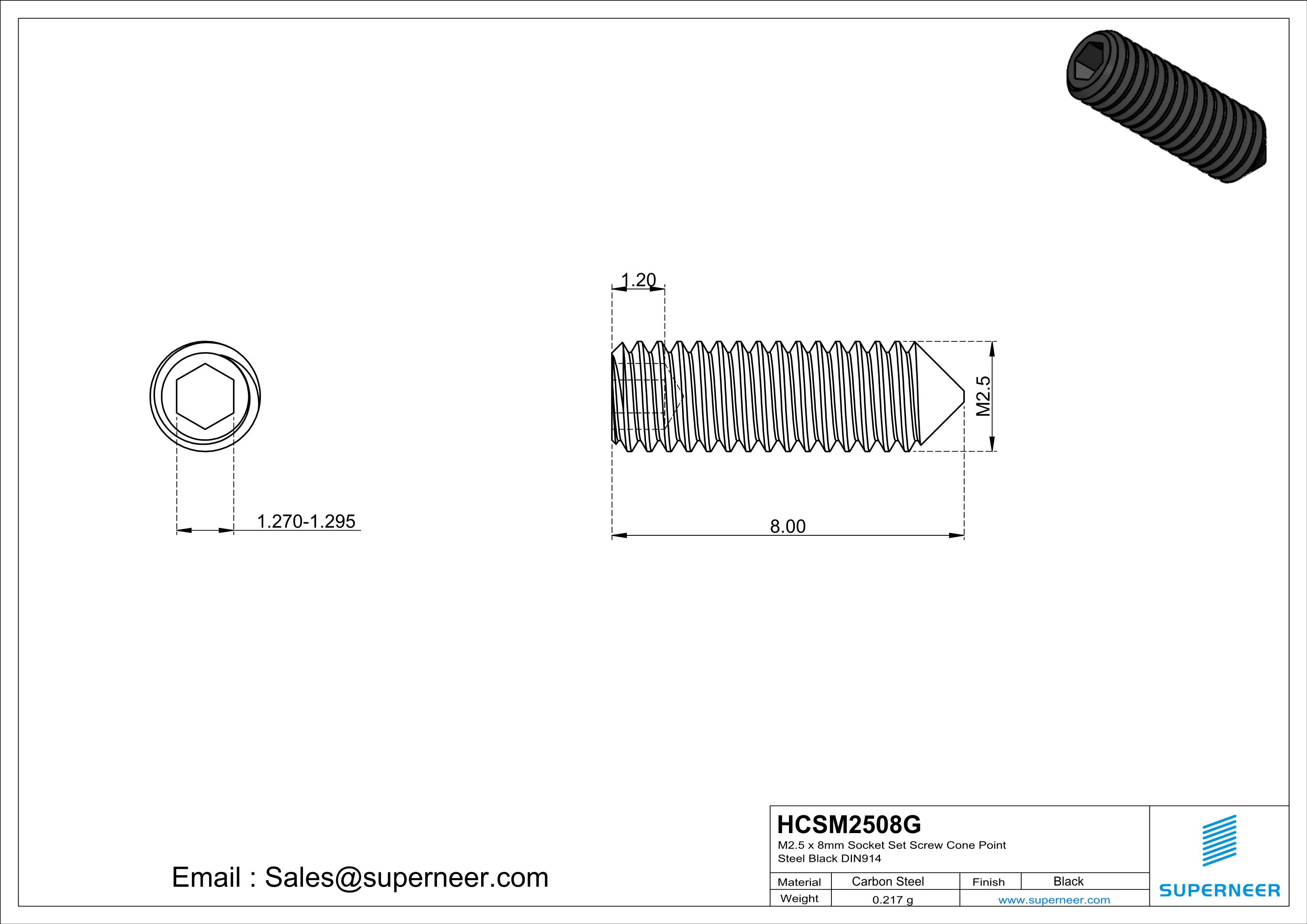 M2.5 x 8mm Socket Set Screw Cone Point 12.9 Carbon Steel Black DIN914