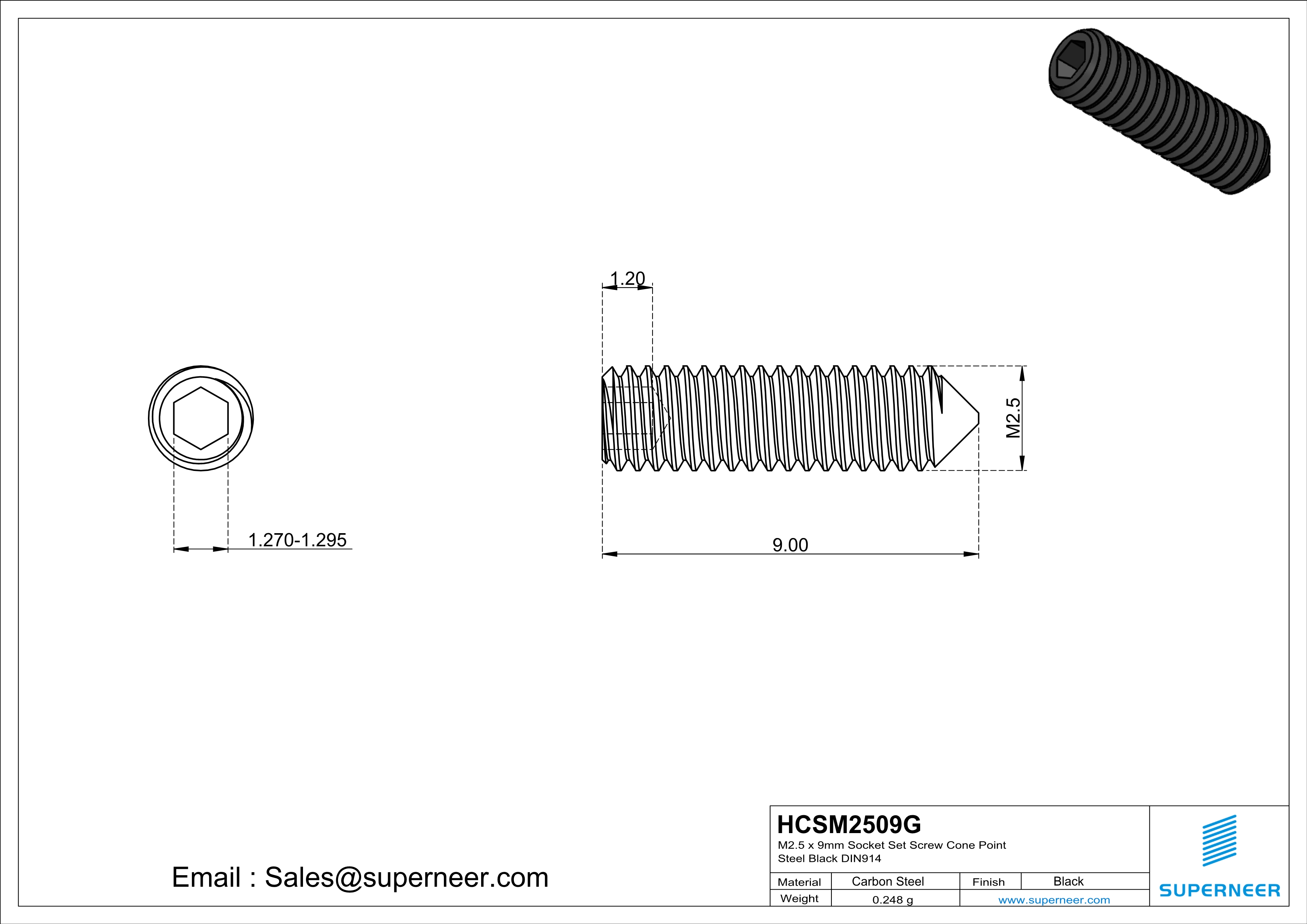 M2.5 x 9mm Socket Set Screw Cone Point 12.9 Carbon Steel Black DIN914